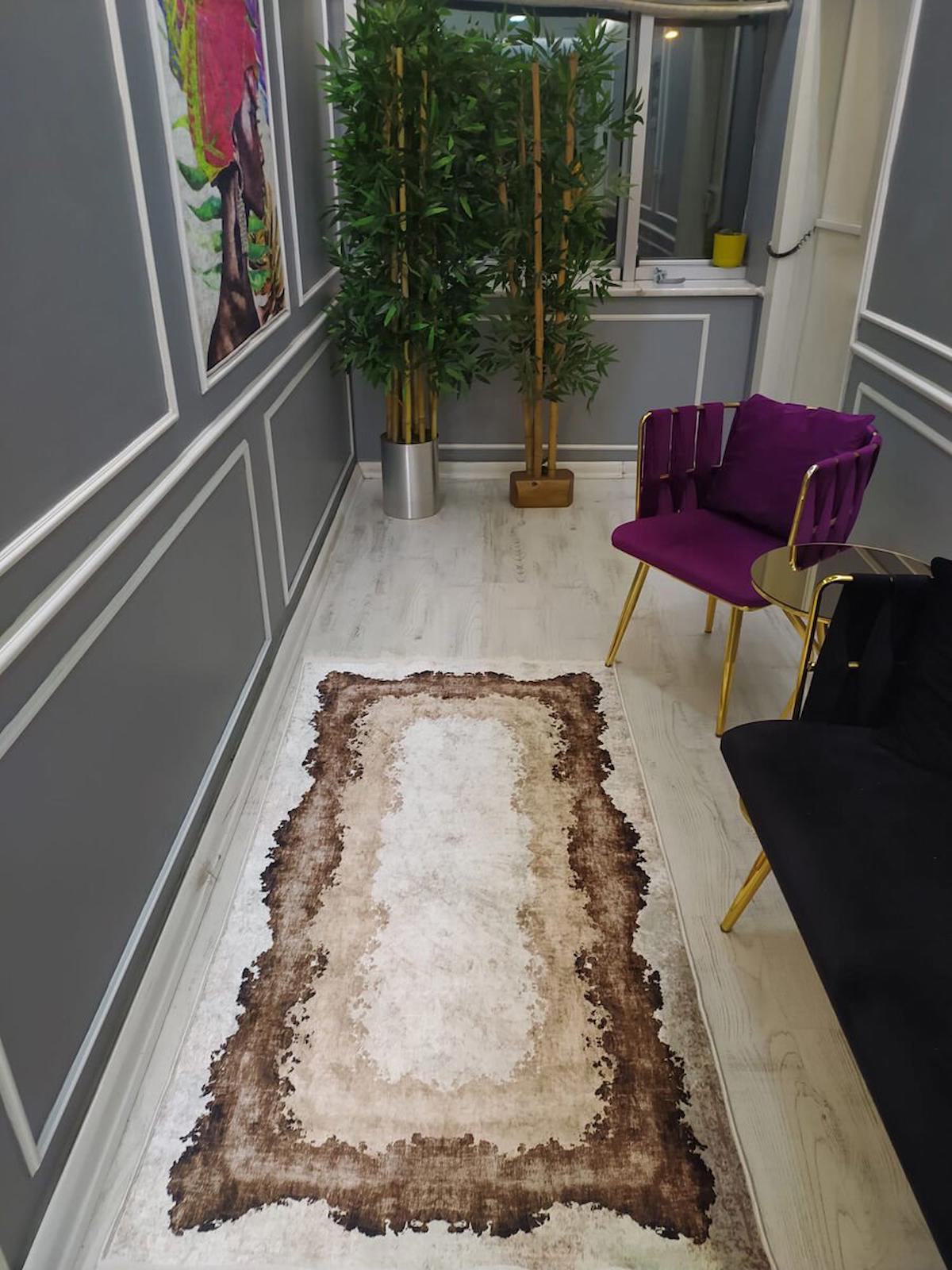 Doruklar Home Collection Bej-Kahverengi 0.8 mm Polyester Yıkanabilir Kaymaz Taban Dikdörtgen Makine Dokuma Halı 80x150 cm