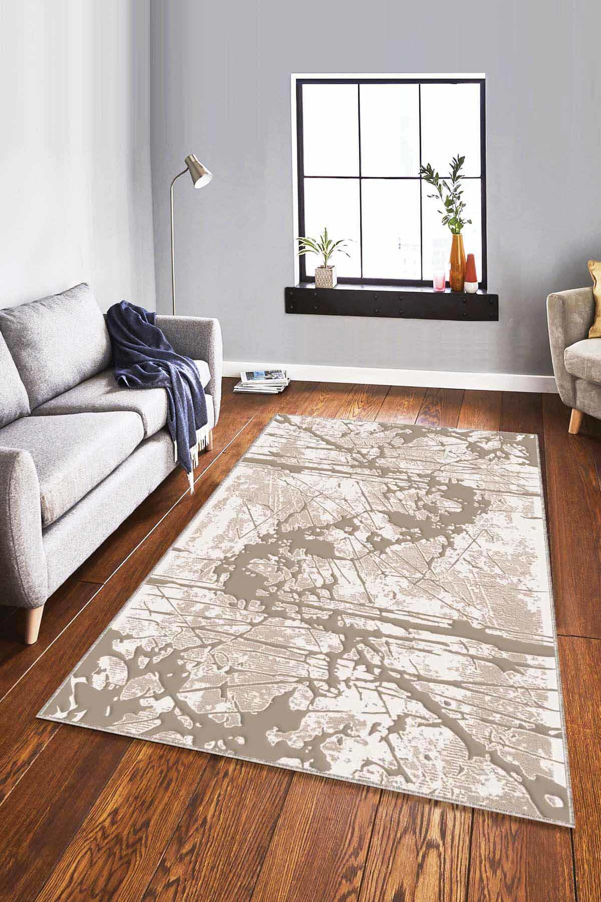 Viva Home EF008 Bej 7 mm Mikropolyester Leke Tutmaz Yıkanabilir İnce Kaymaz Dot Taban Dikdörtgen Makine Dokuma Salon Halısı 160x230 cm