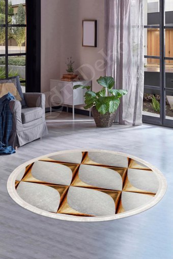 Dijidekor KY7059 Altın 6 mm Polyester Antibakteriyel Yıkanabilir Orta Kaymaz Dot Taban Yuvarlak Makine Dokuma Salon Halısı 200x300 cm
