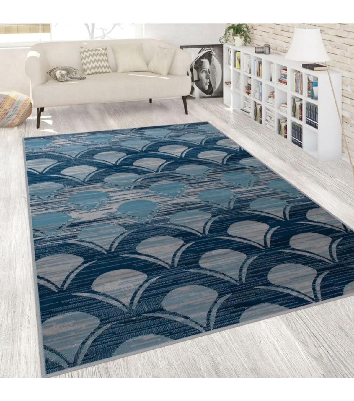 Rovigo Home RVG1810 Mavi 8 mm Polyester Antibakteriyel-Leke Tutmaz-Toz Tutmaz Yıkanabilir İnce Kaymaz Dot Taban Dikdörtgen Makine Dokuma Salon Halısı 80x150 cm