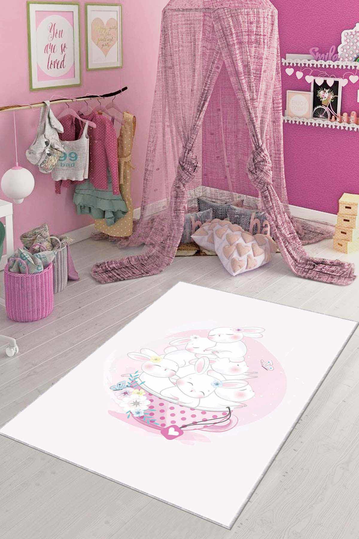 Viva Home AR083 Çok Renkli 7 mm Mikropolyester Antibakteriyel Yıkanabilir İnce Kaymaz Dot Taban Hayvan Desenli Dikdörtgen Makine Dokuma Çocuk Odası Halısı 100x300 cm