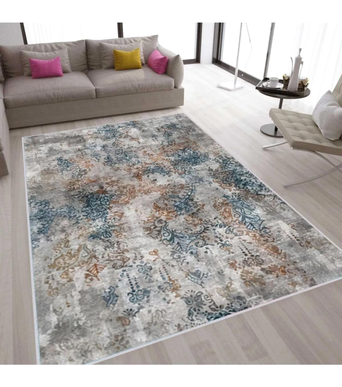 Rovigo Home RVG1588-SD292 Gri 8 mm Polyester Antibakteriyel-Leke Tutmaz-Toz Tutmaz Yıkanabilir İnce Kaymaz Dot Taban Dikdörtgen Makine Dokuma Salon Halısı 160x230 cm