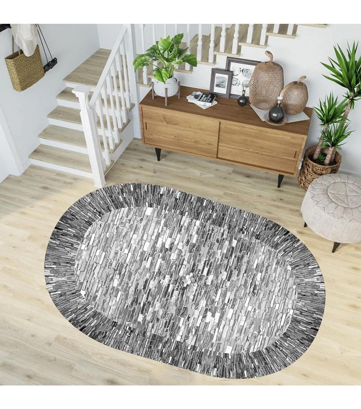 Rovigo Home RVG7234-SD241 Gri 8 mm Polyester Yıkanabilir Orta Kaymaz Dot Taban Dikdörtgen Makine Dokuma Salon Halısı 100x300 cm