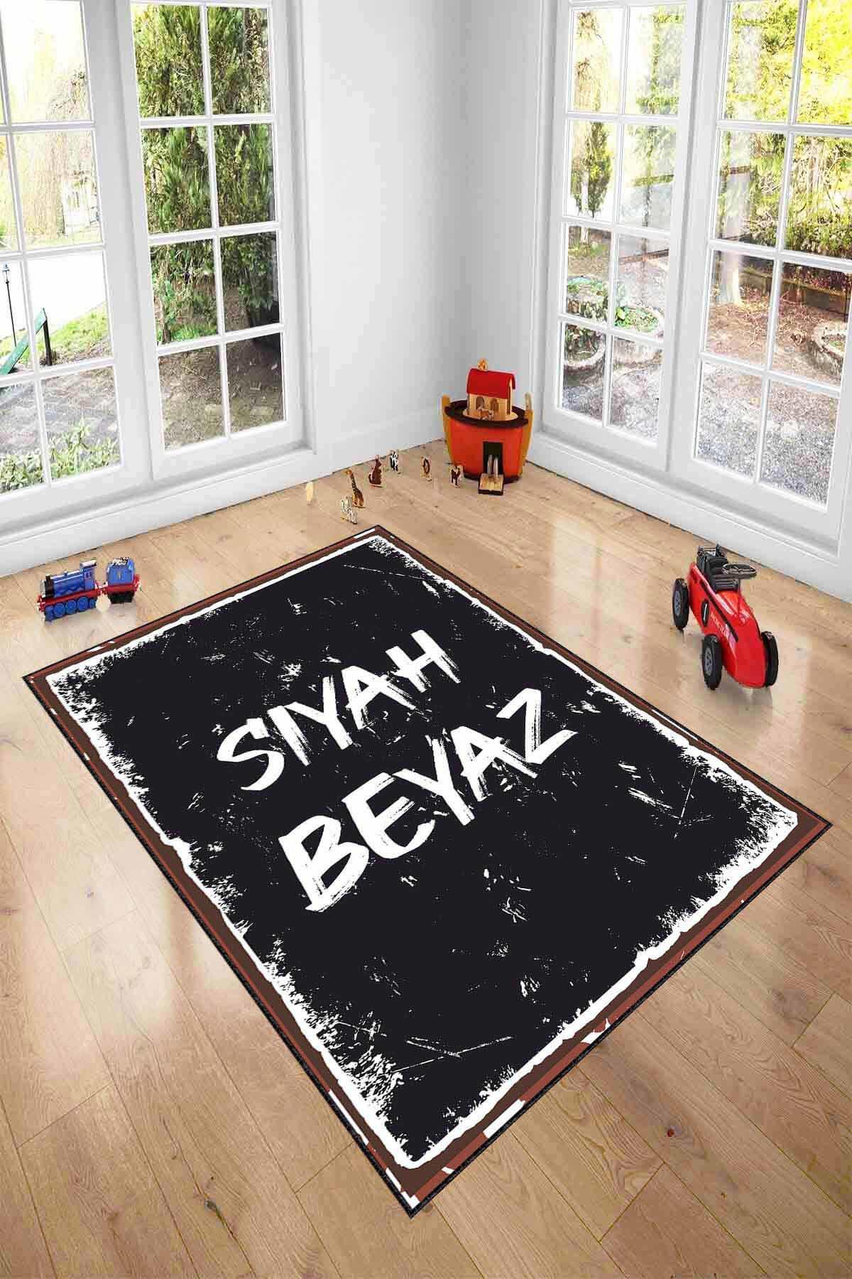 Viva Home AR1150 Beyaz - Siyah 7 mm Mikropolyester Antibakteriyel Yıkanabilir Kalın Kaymaz Lateks Taban Dikdörtgen Makine Dokuma Salon Halısı 200x290 cm
