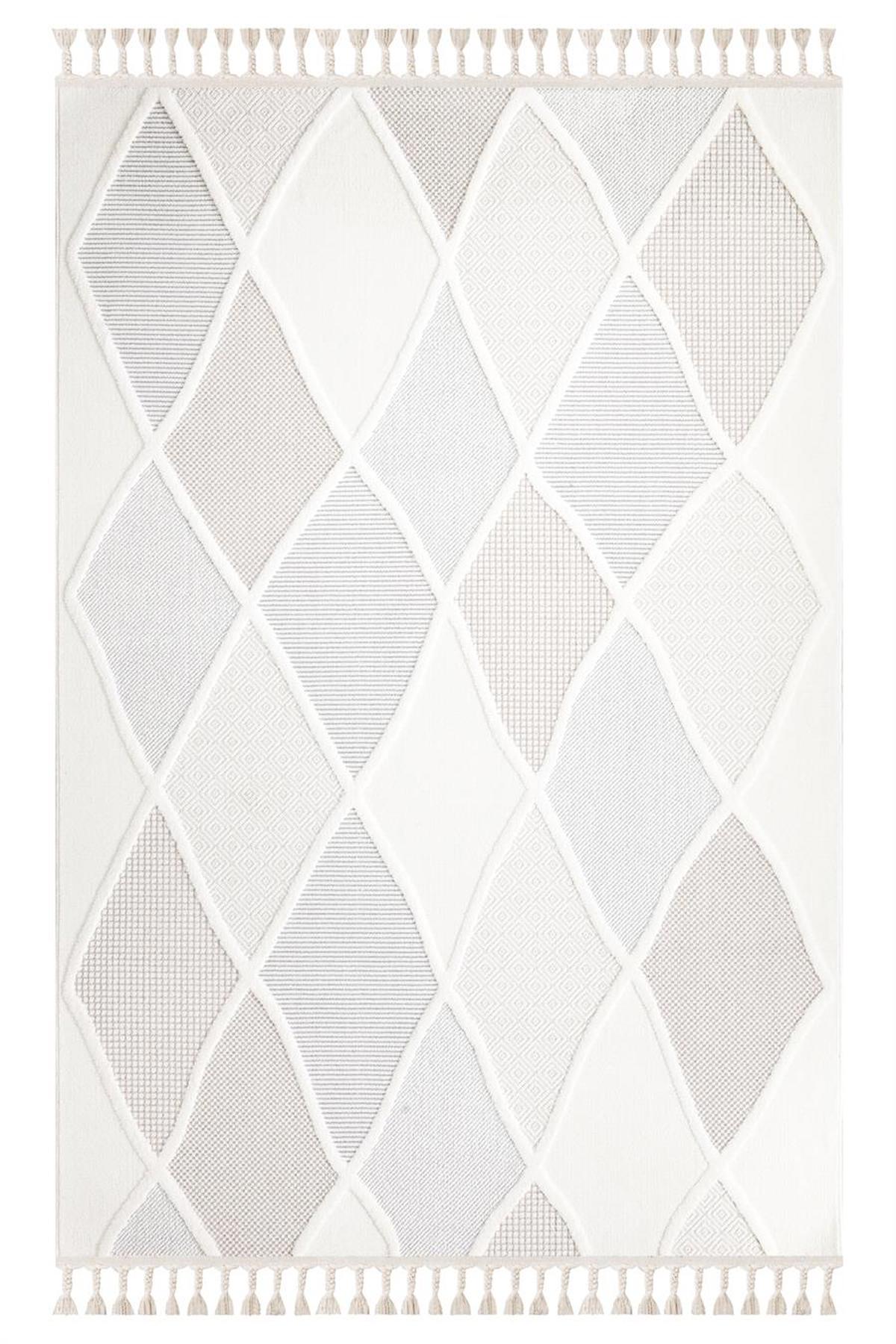 İpek Mekik Halı Lux 11711 Beyaz 11 mm Polyester Yıkanabilir Orta Kaymaz Pamuk Taban Geometrik Dikdörtgen Makine Dokuma Antre-Çocuk Odası-Salon-Yatak Odası Halısı 100x300 cm
