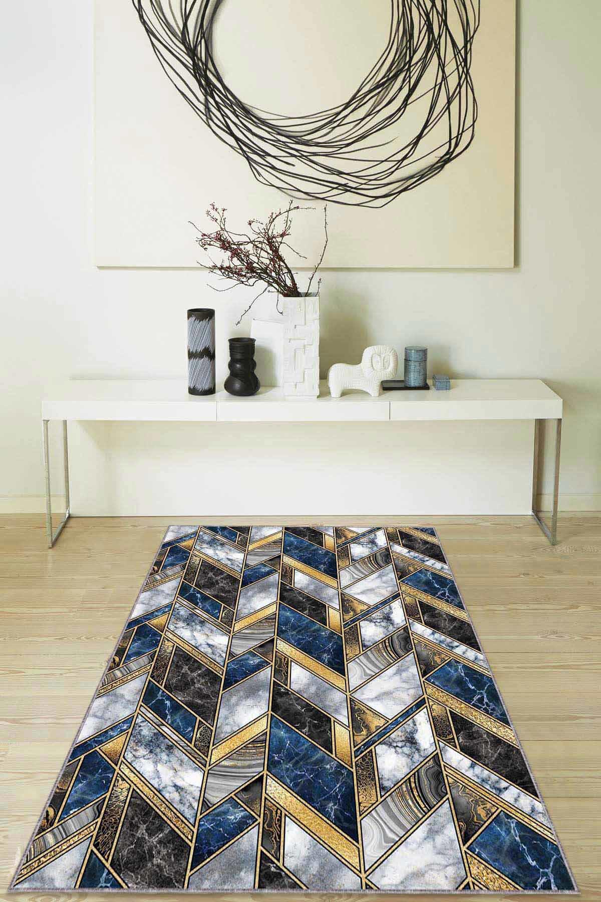 Viva Home RV122 Mavi 7 mm Mikropolyester Antialerjenik Yıkanabilir İnce Kaymaz Dot Taban Dikdörtgen Makine Dokuma Salon Halısı 80x150 cm