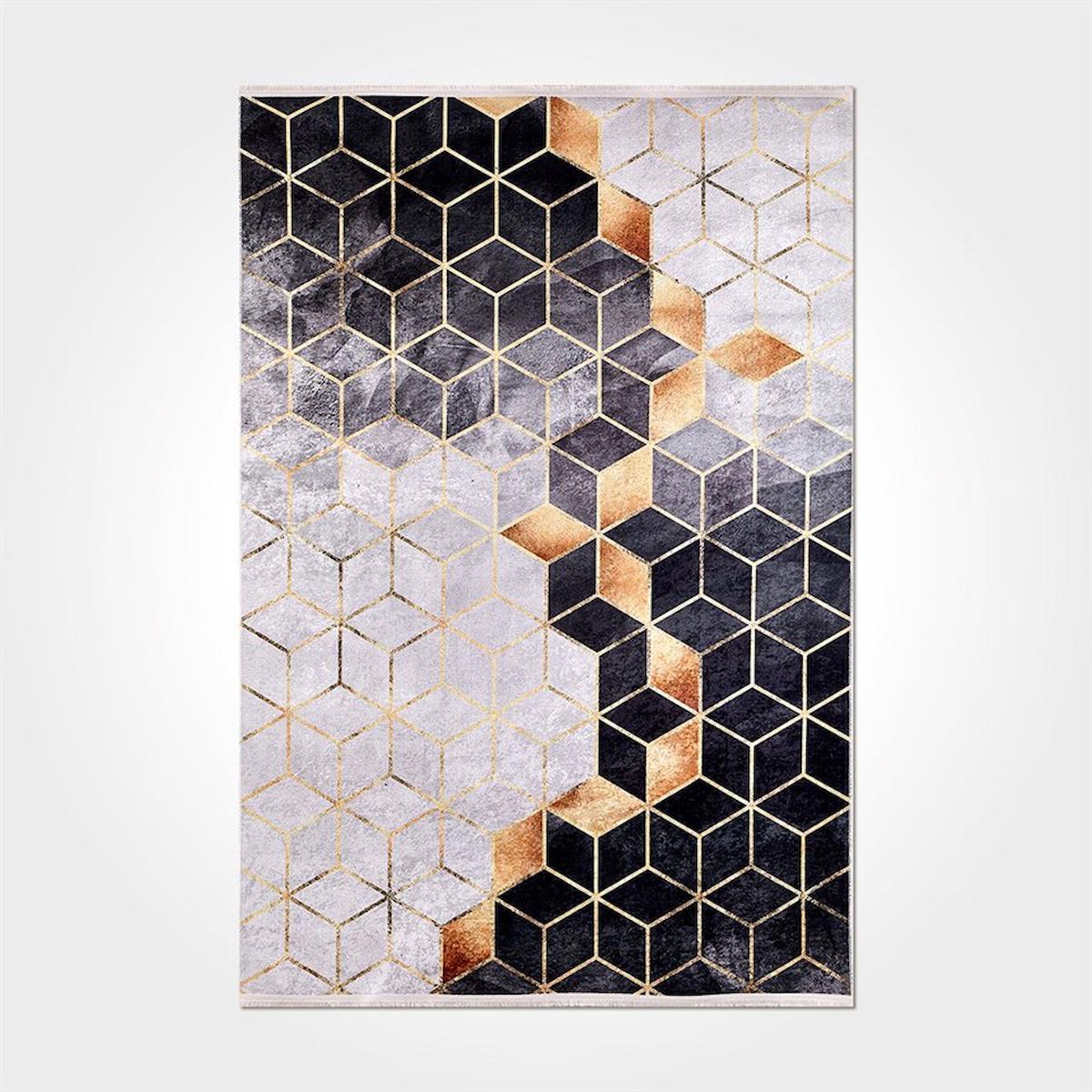 Crea Halı 2294PC Siyah Pamuk-Polyester Yıkanabilir İnce Kaymaz Dikdörtgen Makine Dokuma Salon Halısı 80x500 cm