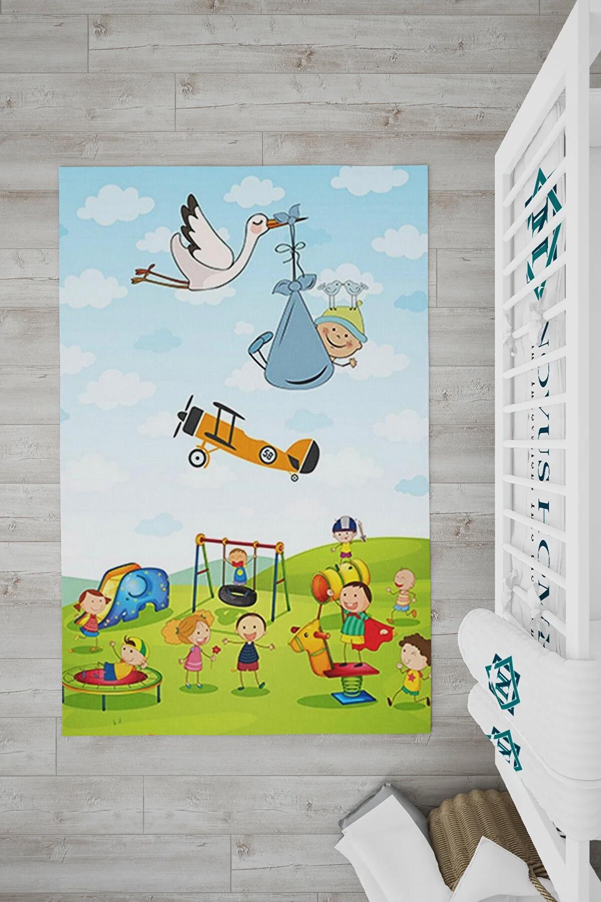 Novus Home Punto Serisi Yeşil 7 mm Polyester Antibakteriyel-Toz Tutmaz-Yalıtıma Yardımcı Yıkanabilir İnce Kaymaz Taban Dikdörtgen Makine Dokuma Çocuk Odası Halısı 60x100 cm