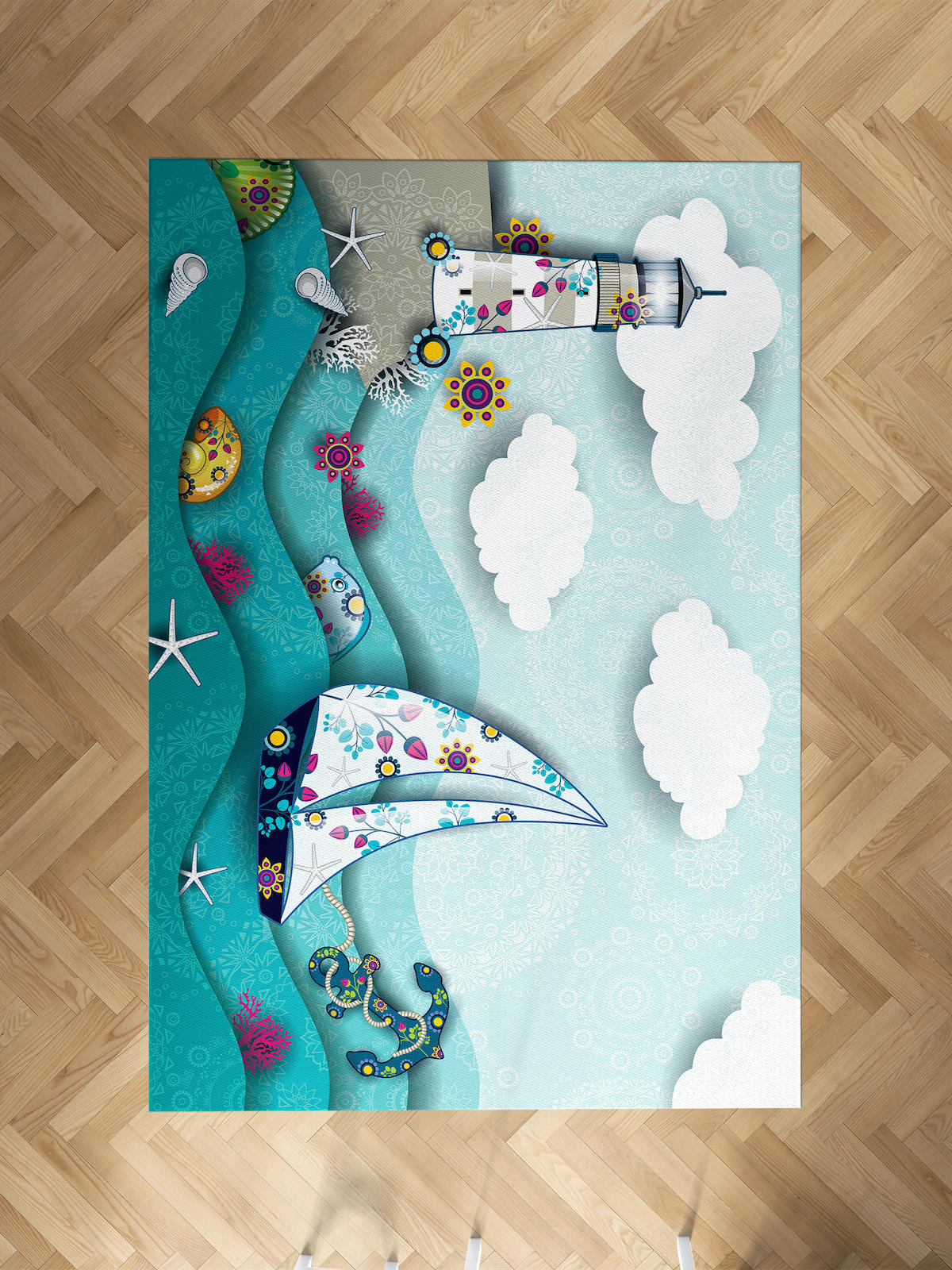 Mekta Home Deniz Feneri-Yelken Krem 10 mm Antibakteriyel Yıkanabilir İnce Kaymaz Dot Taban Dikdörtgen Makine Dokuma Çocuk Odası Halısı 180x450 cm