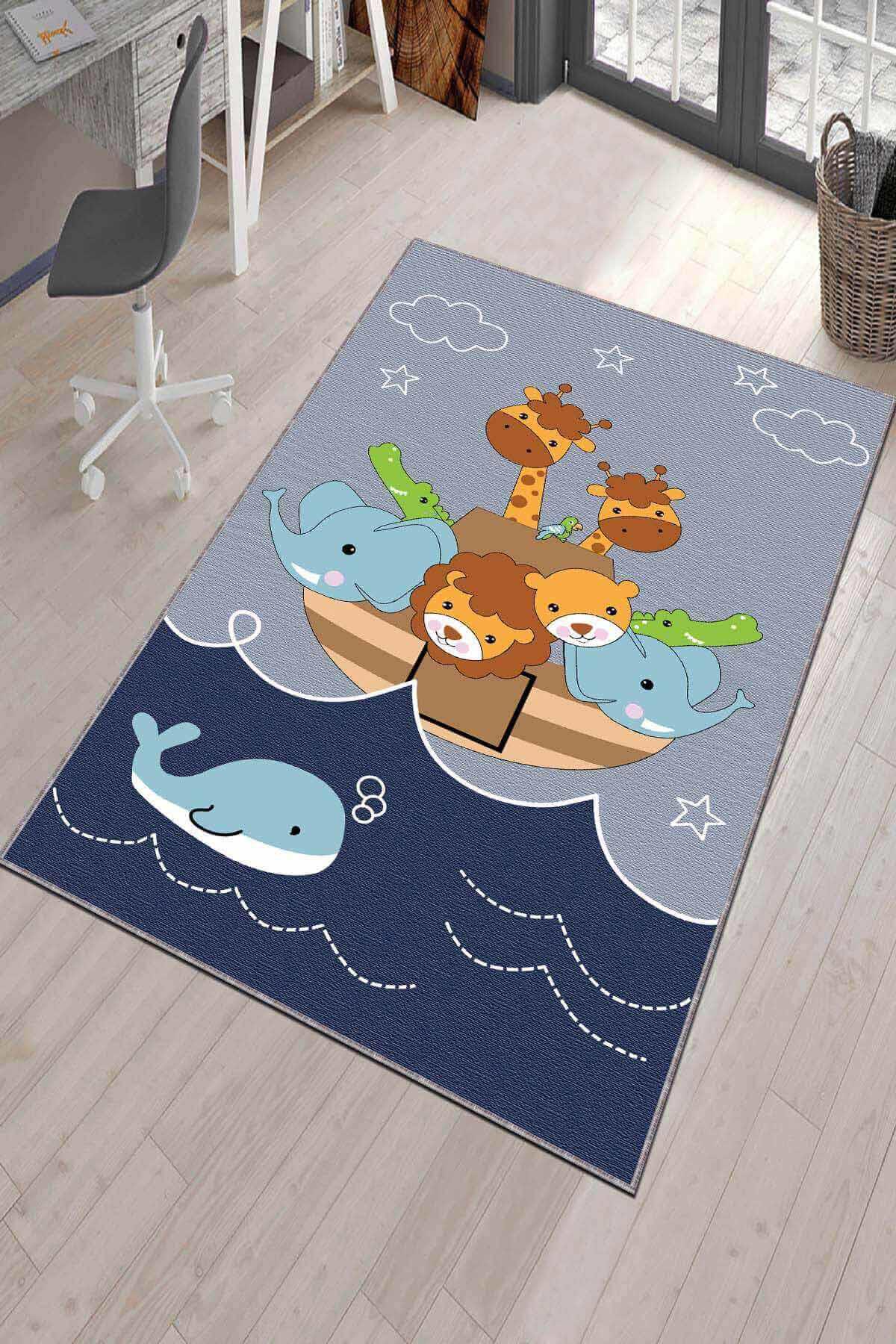Viva Home KD32 Lacivert 7 mm Mikropolyester Leke tutmaz Yıkanabilir İnce Kaymaz Dikdörtgen Makine Dokuma Çocuk Odası Halısı 100x150 cm