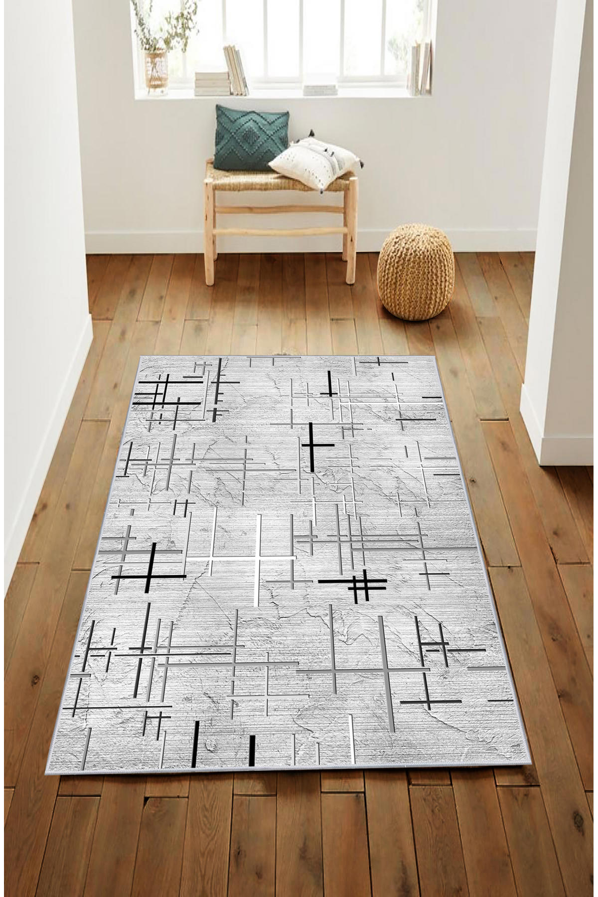 Artizon ART239 Gri 0.8 mm Polyester Toz Tutmaz Yıkanabilir İnce Kaymaz Dot Taban Dikdörtgen Makine Dokuma Salon Halısı 200x290 cm