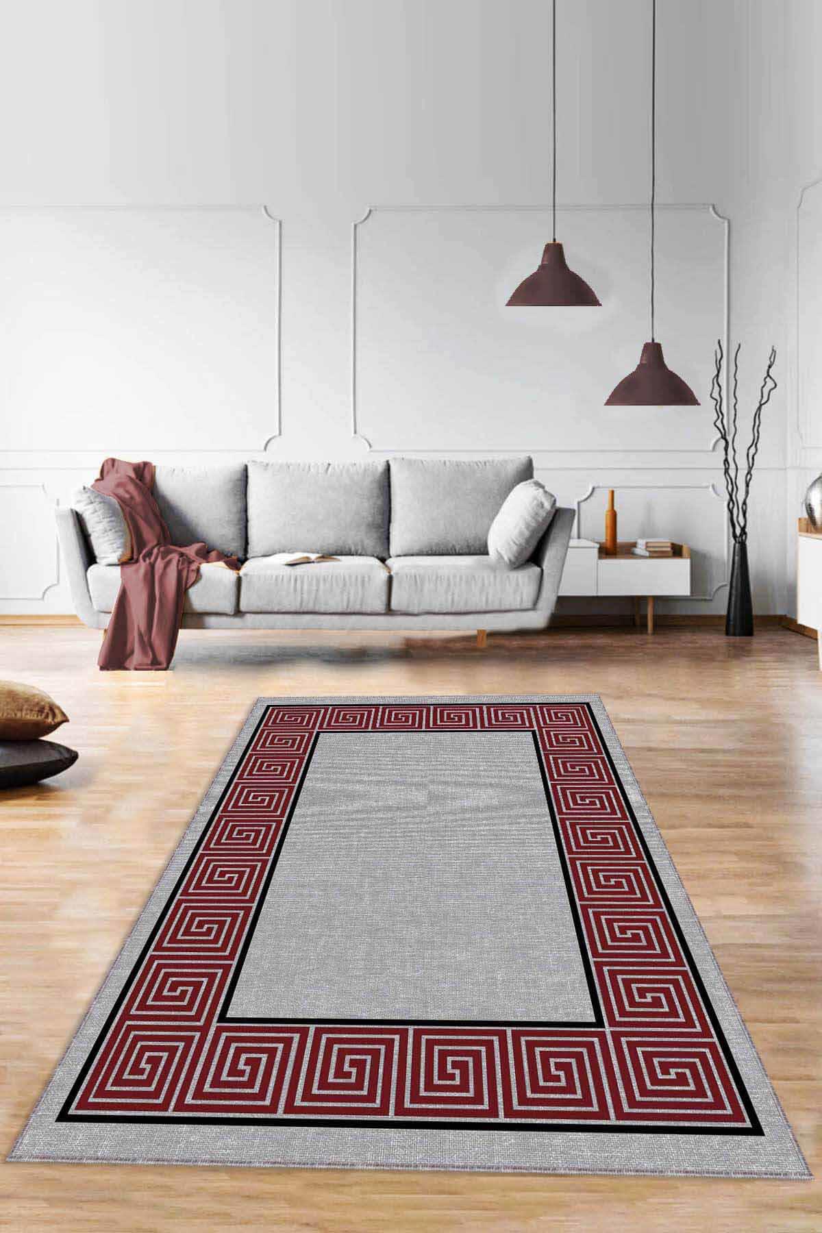 Viva Home RV046 Bordo 7 mm Mikropolyester Leke Tutmaz-Toz Tutmaz Yıkanabilir Orta Kaymaz Dot Taban Dikdörtgen Makine Dokuma Salon Halısı 100x200 cm