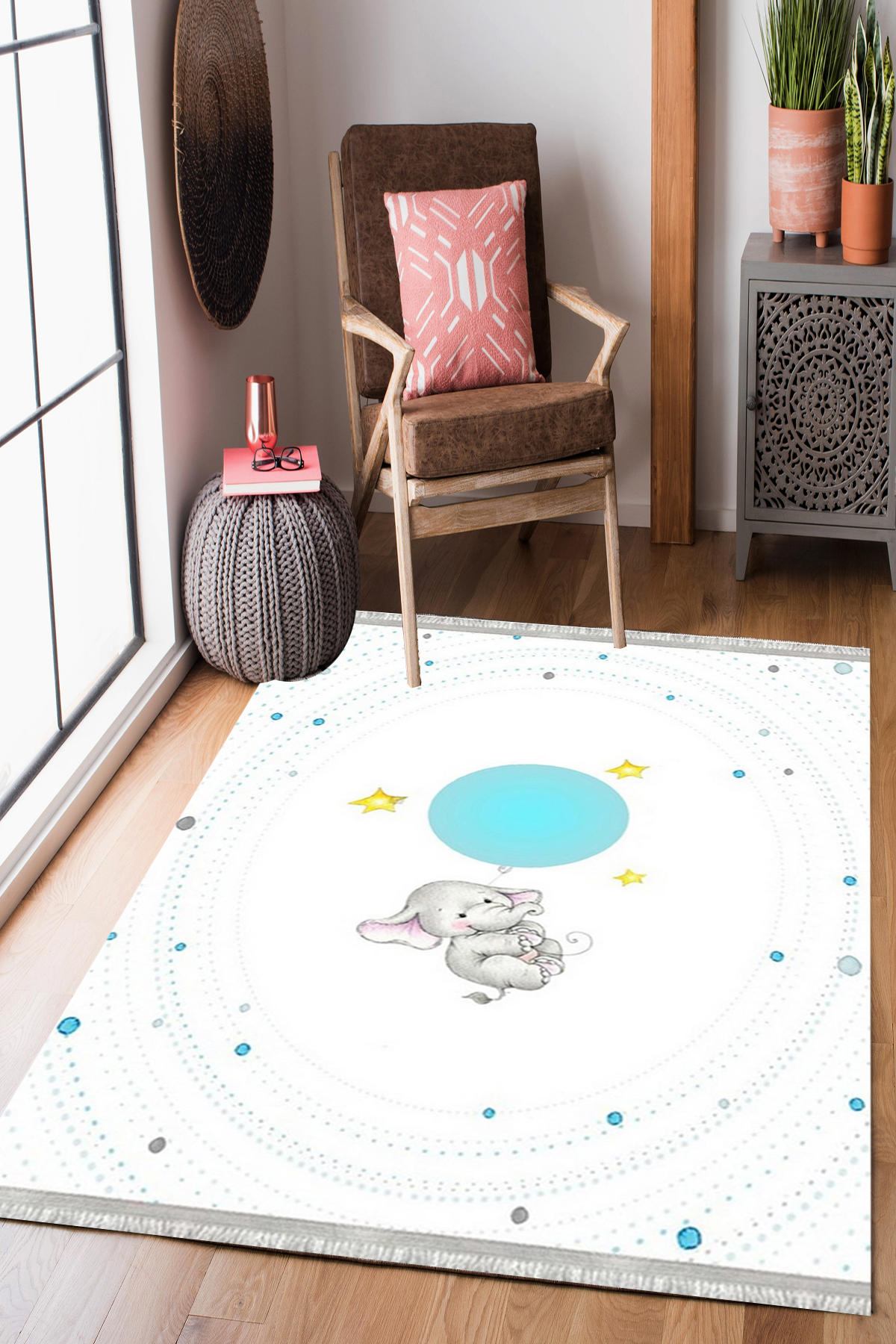 Homier Collection H-CK-10035A Krem 9 mm Pamuk Antibakteriyel Yıkanabilir Orta Kaymaz Dikdörtgen Makine Dokuma Çocuk Odası Halısı 80x120 cm