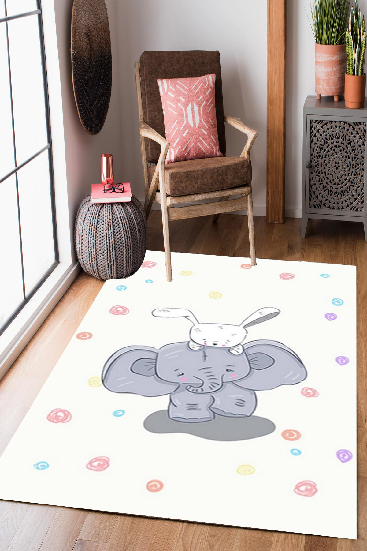 Homier Collection H-CK-10025C Krem 7 mm Pamuk Antibakteriyel Yıkanabilir Orta Kaymaz Dot Taban Dikdörtgen Makine Dokuma Çocuk Odası Halısı 100x300 cm