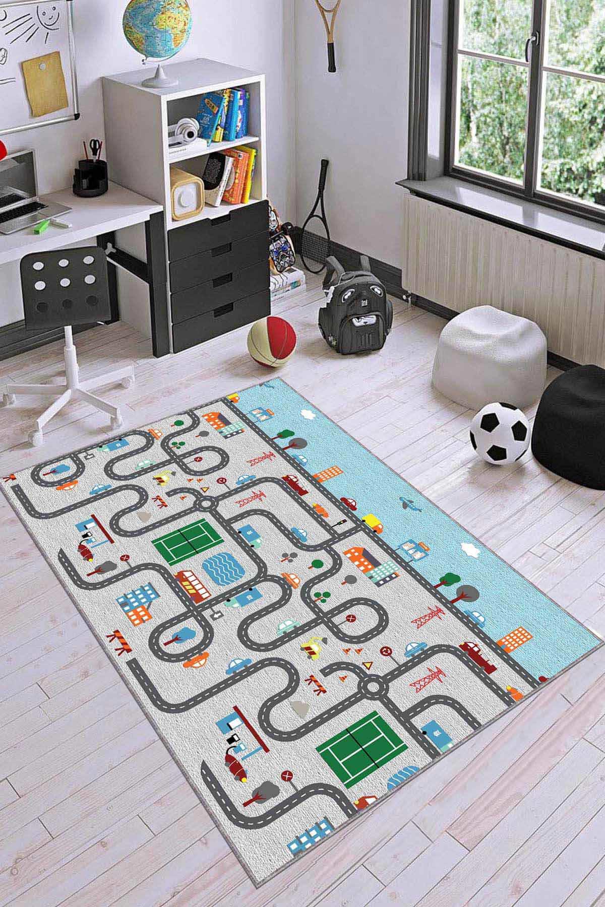 Viva Home AR293 Turkuaz 7 mm Mikropolyester Koku Yapmaz-Leke Tutmaz-Toz Tutmaz Yıkanabilir İnce Kaymaz Dot Taban Dikdörtgen Makine Dokuma Çocuk Odası Halısı 120x200 cm