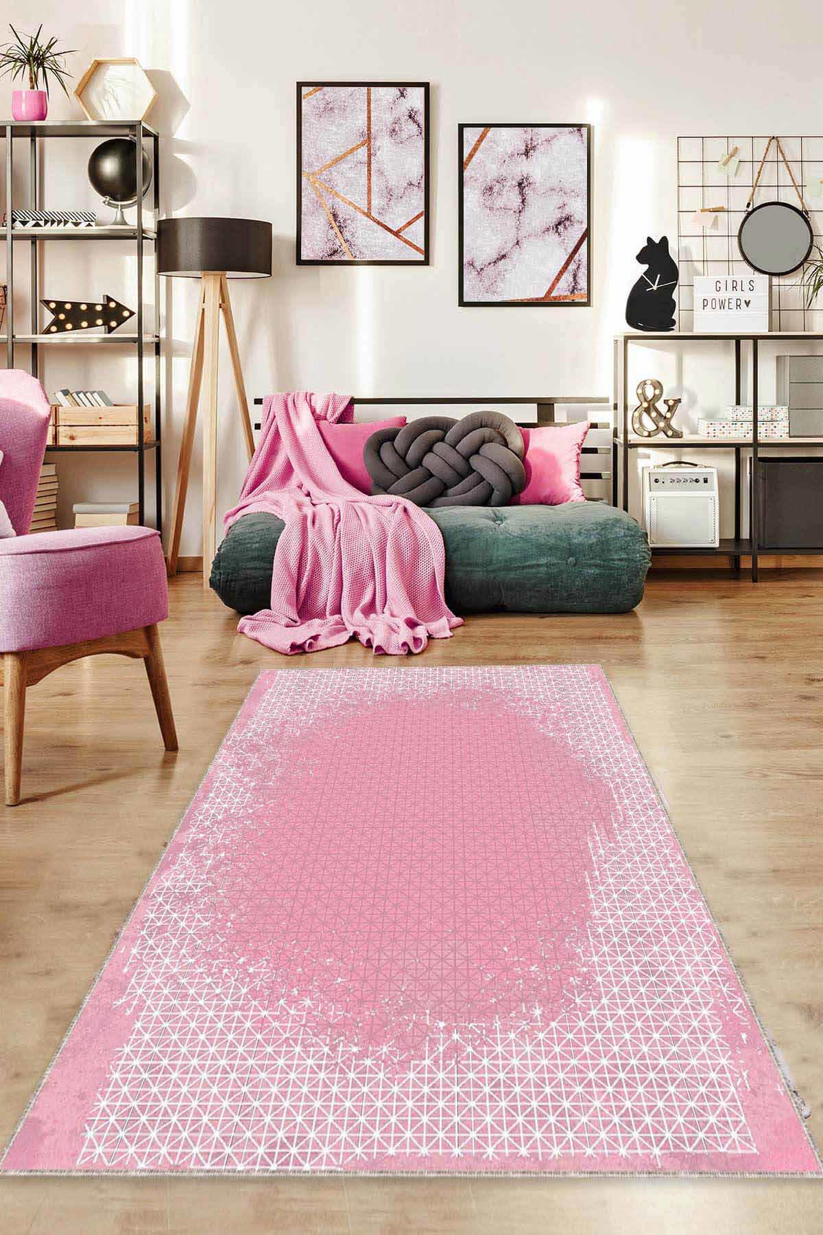 Viva Home AR551 Pembe 7 mm Mikropolyester Leke Tutmaz Yıkanabilir İnce Kaymaz Dot Taban Dikdörtgen Makine Dokuma Salon Halısı 100x200 cm