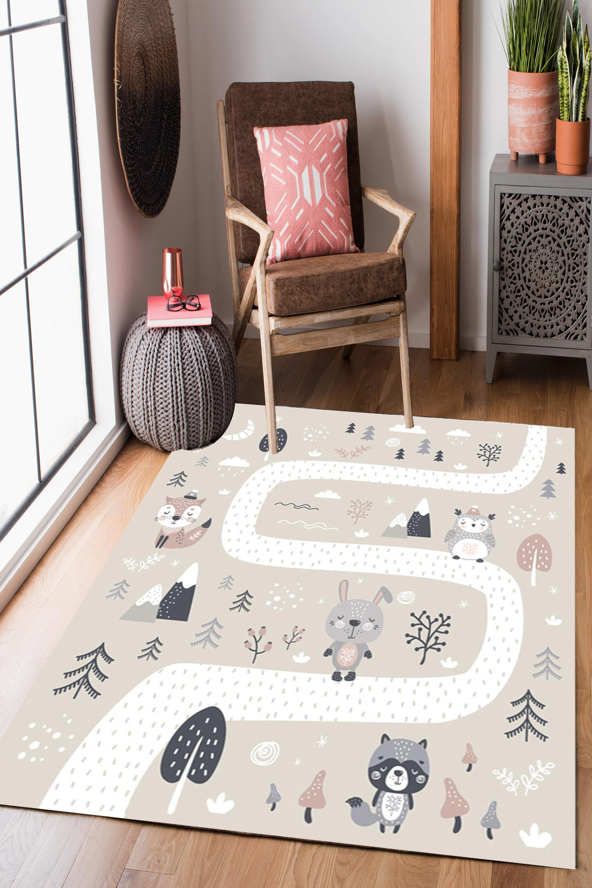 Homier Collection H-CK-10166A Kahverengi 7 mm Pamuk Antibakteriyel Yıkanabilir Orta Kaymaz Dot Taban Dikdörtgen Makine Dokuma Çocuk Odası Halısı 100x200 cm