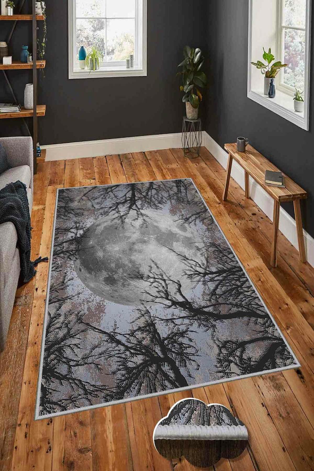 Homefesto Krem 5 mm Polyester Leke Tutmaz Yıkanabilir İnce Kaymaz Taban Doğa Temalı Dikdörtgen Makine Dokuma Salon Halısı 160x230 cm
