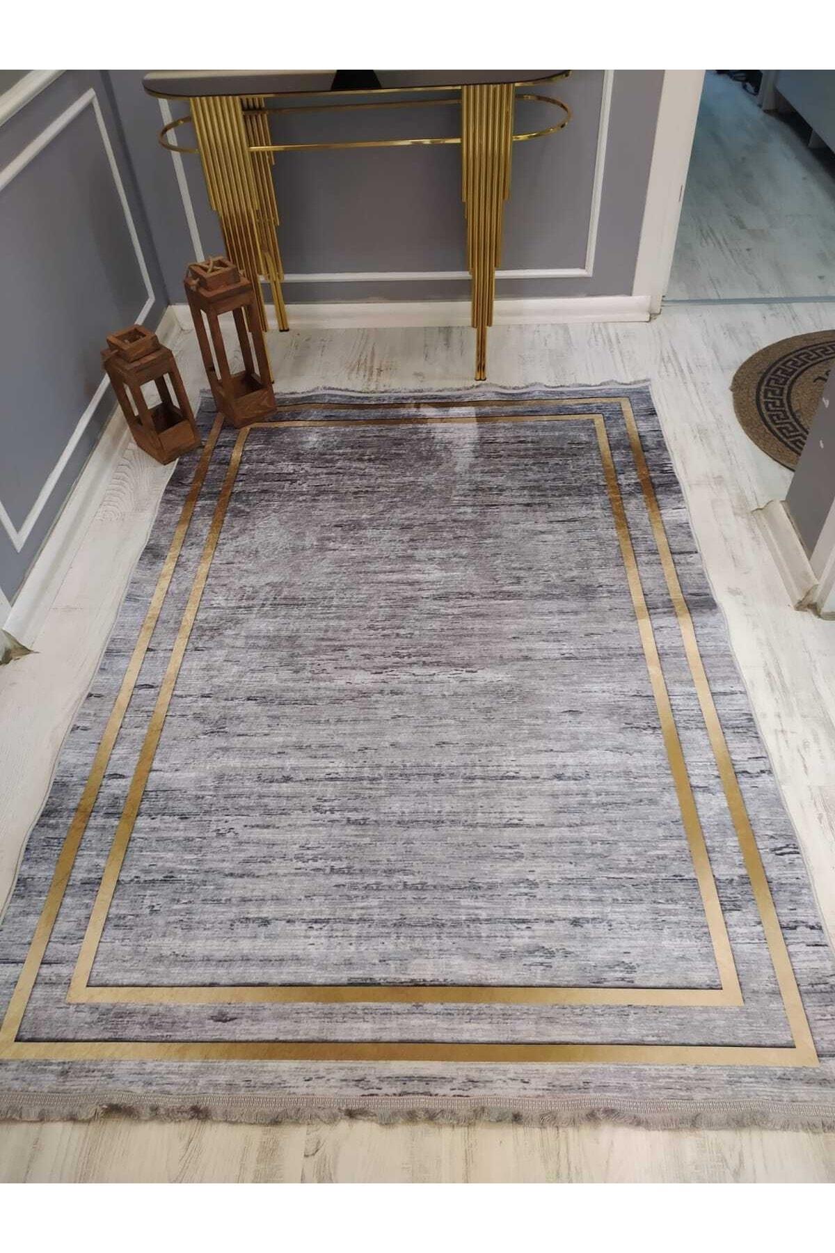 Doruklar Home Collection DRK8049 Altın 0.7 mm Polyester Silinebilir Yıkanabilir İnce Kaymaz Dot Taban Dikdörtgen Makine Dokuma Salon Halısı 100x200 cm