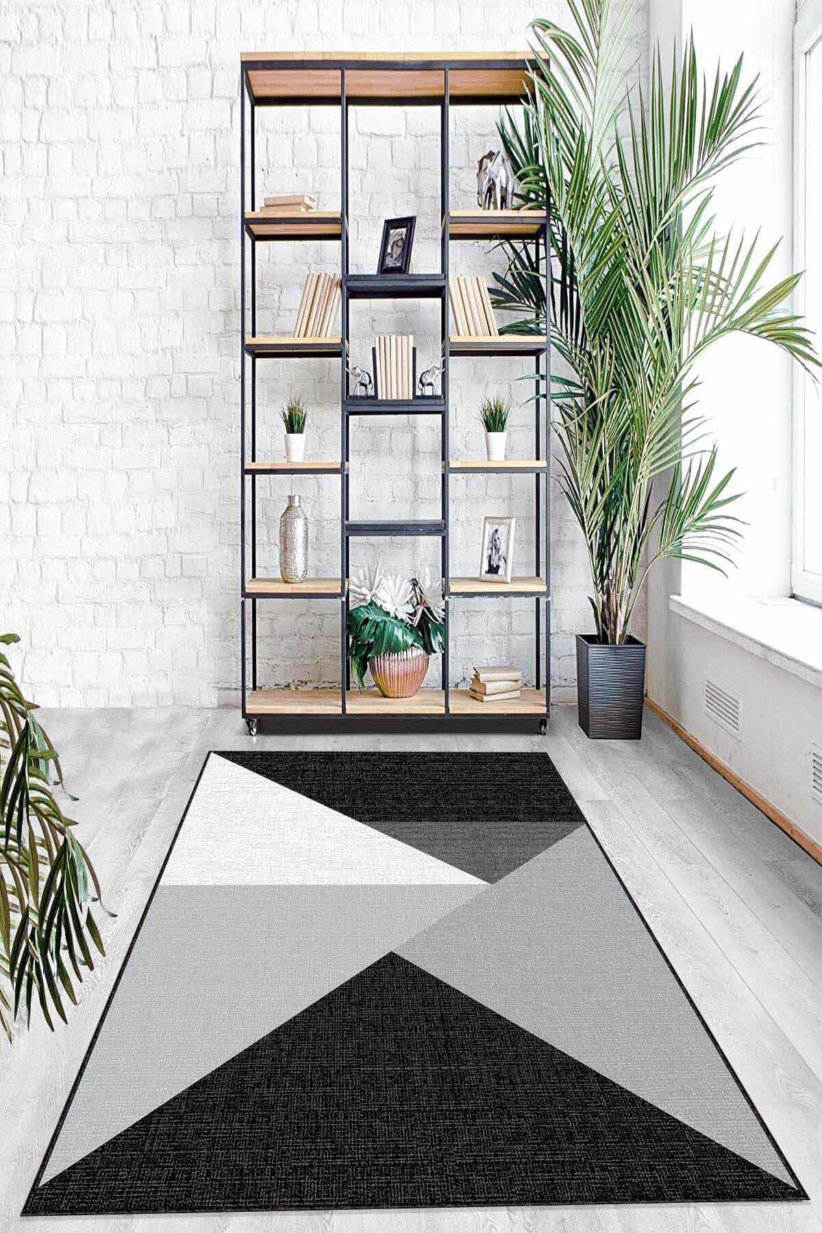 Viva Home AR1033 Siyah 7 mm Mikropolyester Antibakteriyel Yıkanabilir İnce Kaymaz Lateks Taban Dikdörtgen Makine Dokuma Salon Halısı 100x200 cm