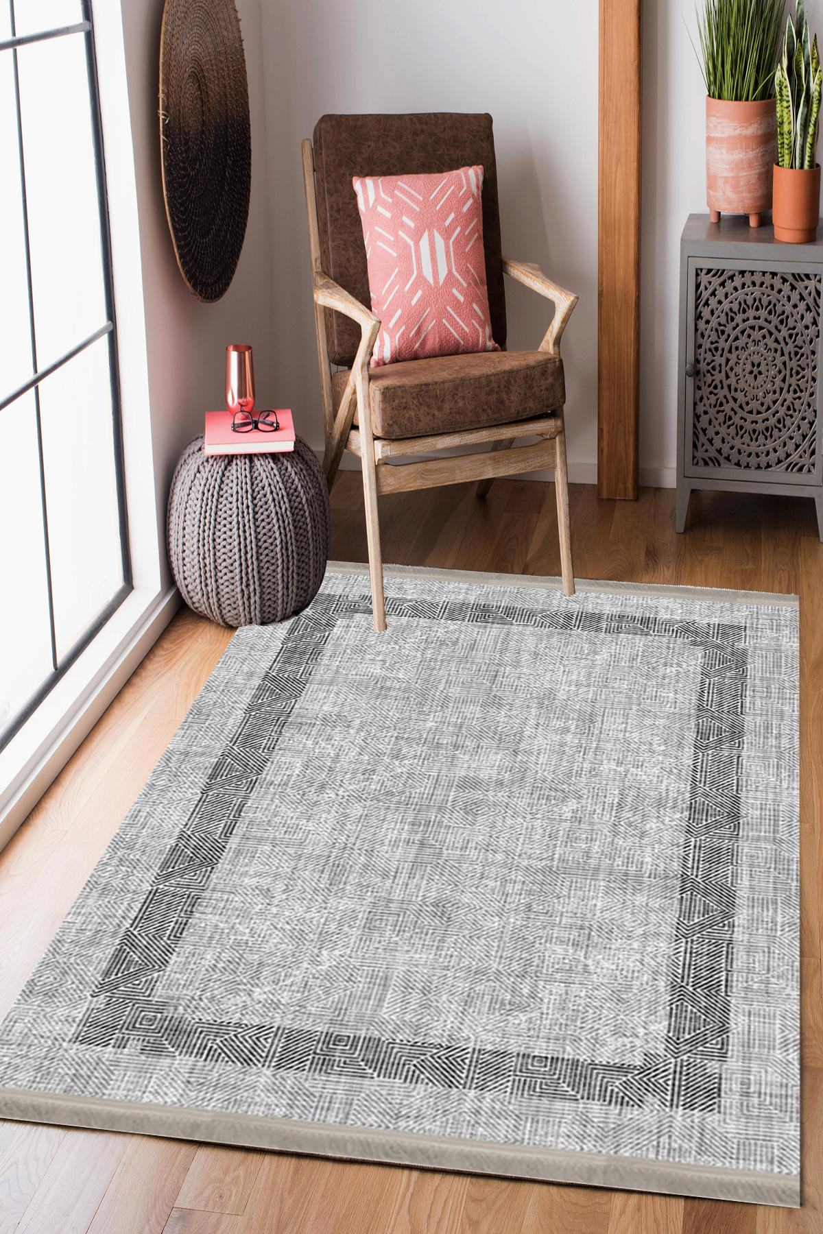 Homier Collection H-DK-5061A Gri 7 mm Pamuk Antibakteriyel Yıkanabilir Orta Kaymaz Dot Taban Dikdörtgen Makine Dokuma Salon Halısı 80x200 cm