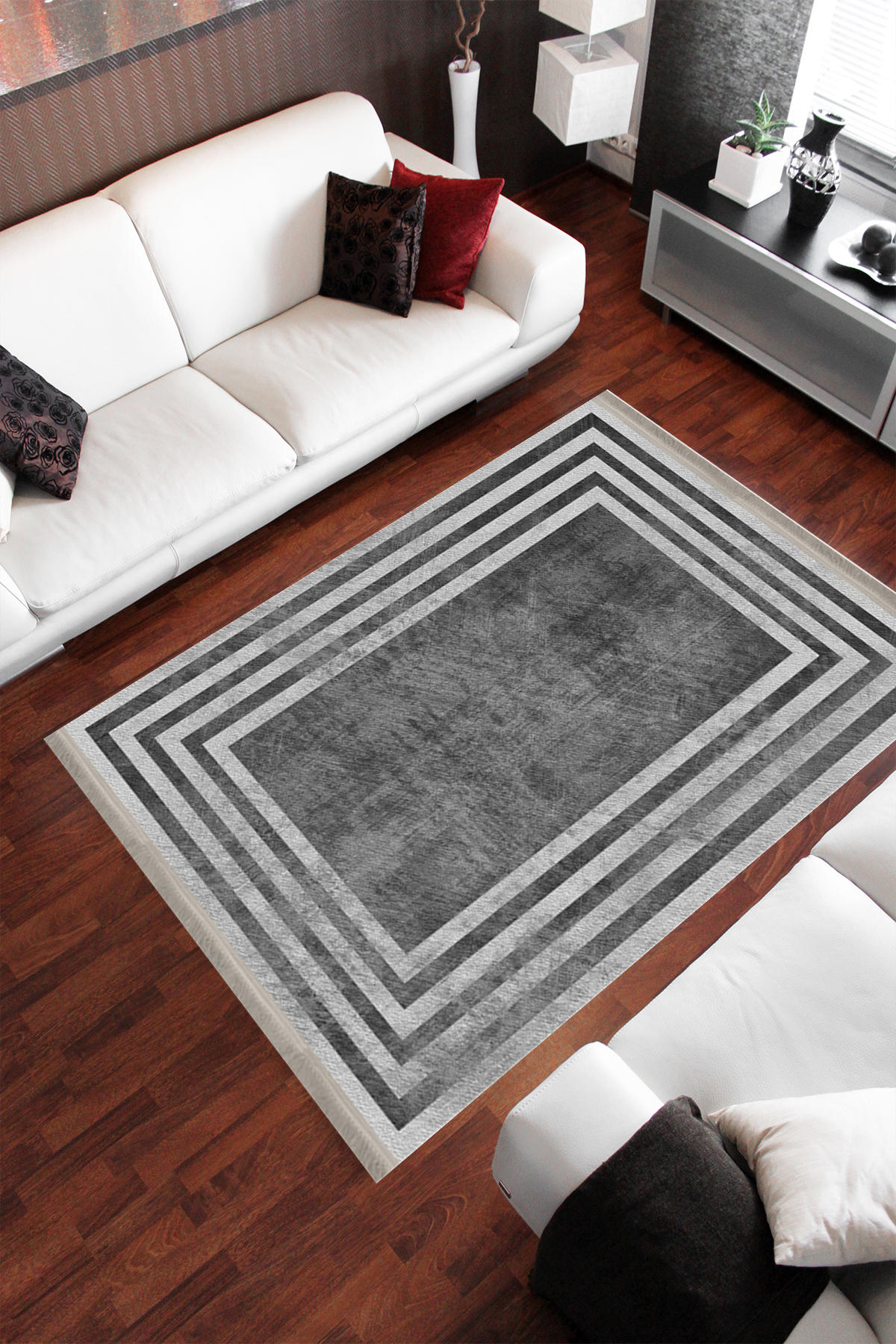 Homier Collection H-MD-0067A Beyaz-Gri 7 mm Pamuk Antibakteriyel Yıkanabilir Orta Kaymaz Dot Taban Dikdörtgen Makine Dokuma Salon Halısı 120x180 cm