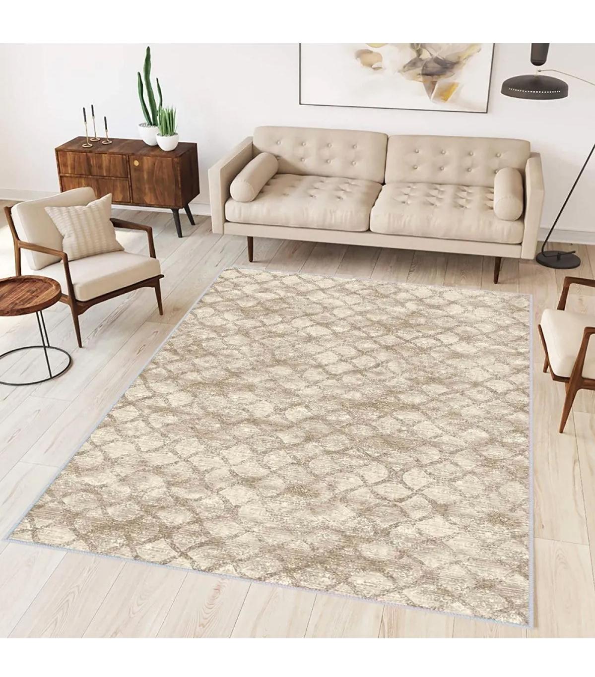 Rovigo Home RVG0348 Krem 8 mm Polyester Leke Tutmaz-Toz Tutmaz Yıkanabilir İnce Kaymaz Dot Taban Dikdörtgen Makine Dokuma Salon Halısı 80x140 cm