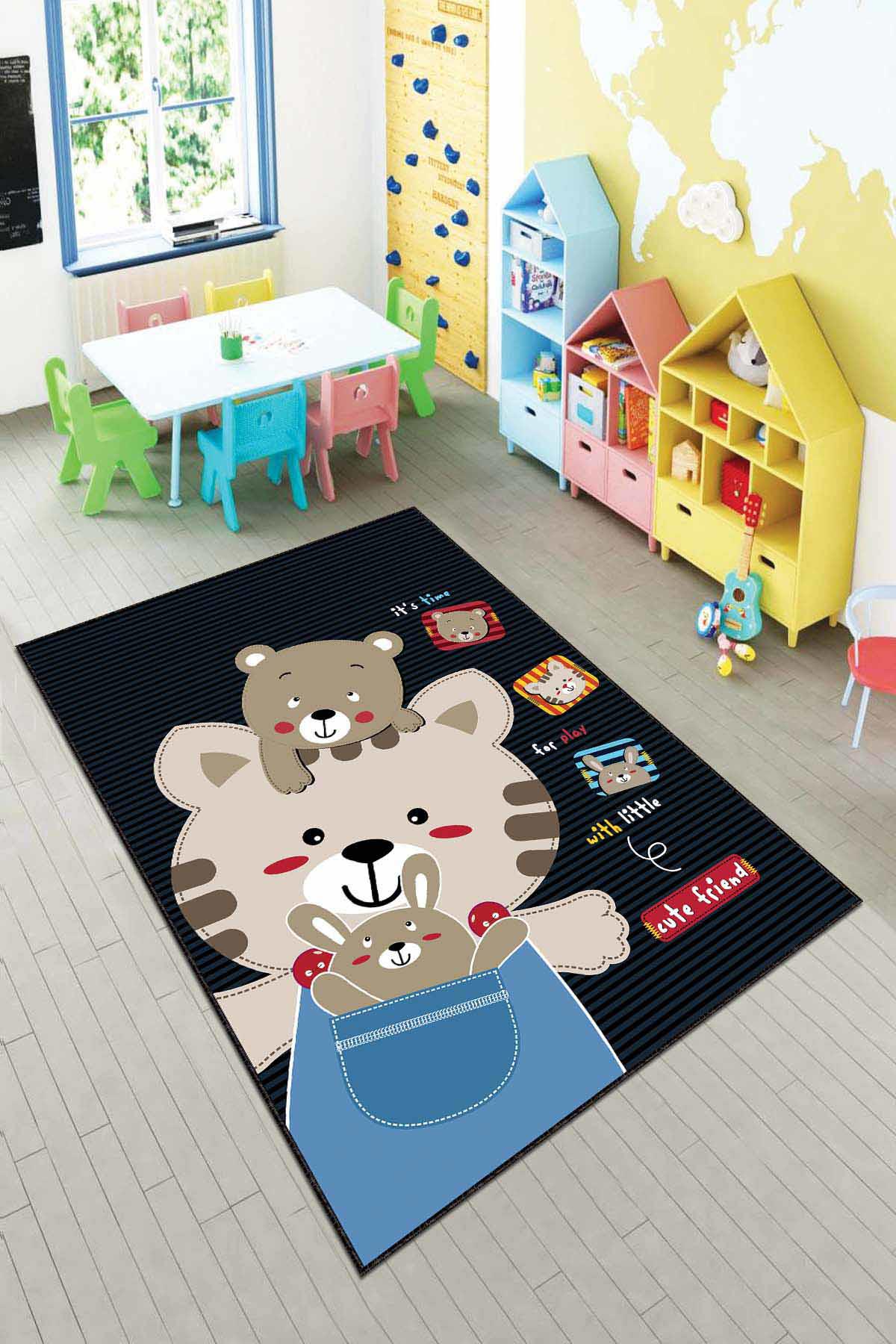 Viva Home AR1009 Lacivert 7 mm Mikropolyester Leke tutmaz Yıkanabilir İnce Kaymaz Dikdörtgen Makine Dokuma Çocuk Odası Halısı 80x200 cm