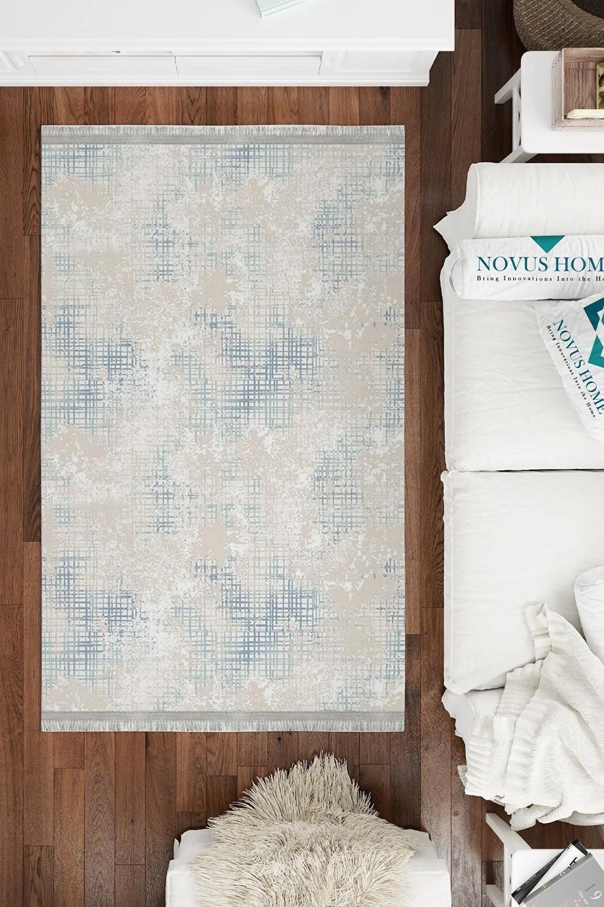 Novus Home Cotton Serisi Beyaz-Mavi 5 mm Pamuk Antibakteriyel-Toz Tutmaz-Yalıtıma Yardımcı Yıkanabilir İnce Kaymaz Taban Dikdörtgen Makine Dokuma Antre-Salon-Yatak Odası Halısı 180x280 cm