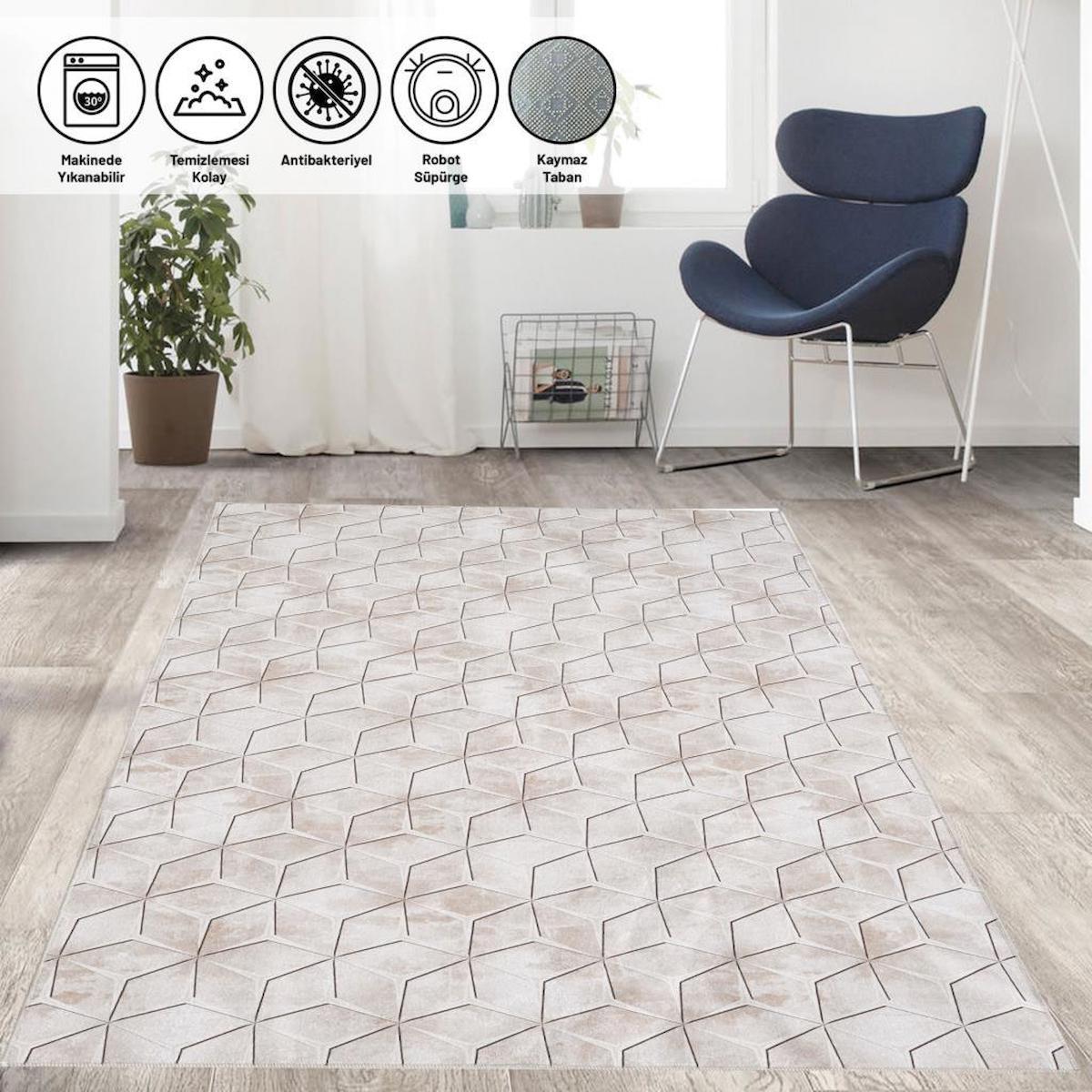 Carpettex Bej-Kahverengi 6 mm Polyester Yıkanabilir Orta Kaymaz Pamuk Taban Geometrik Dikdörtgen Makine Dokuma Oturma Odası-Salon Halısı 80x200 cm