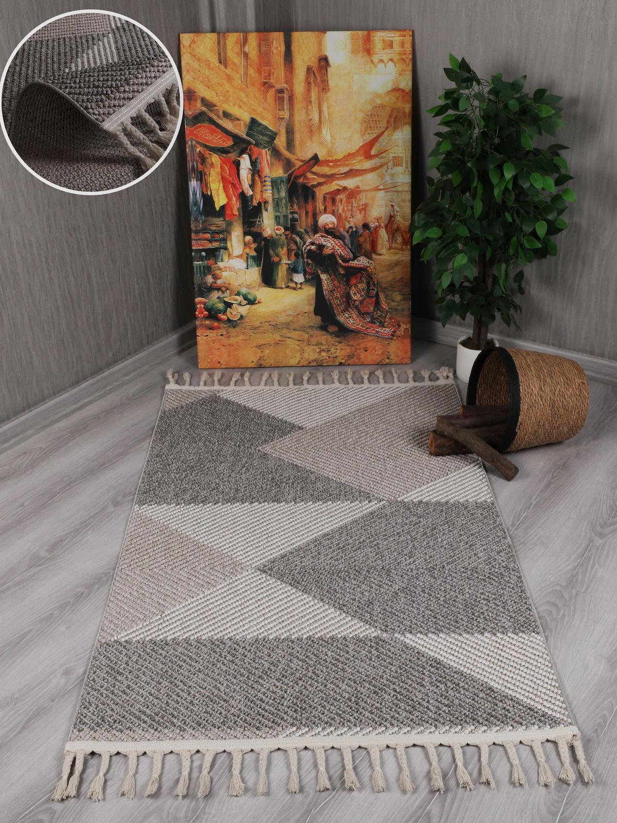 My Evilla 9004B Gri-Siyah 12 mm Polyester Yıkanabilir Kalın Kaymaz Dikdörtgen Makine Dokuma Salon Halısı 80x150 cm