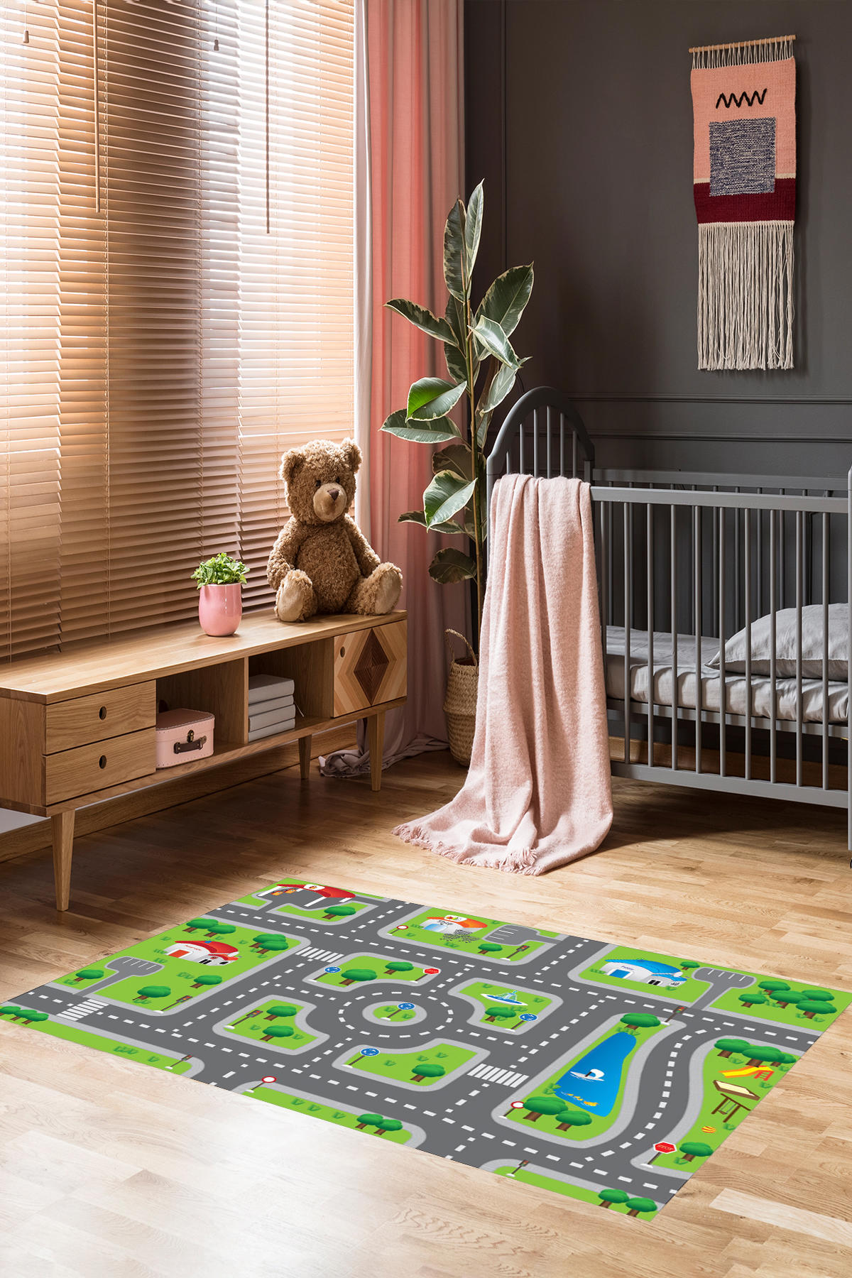 Homier Collection H-CK-10164A Gri 7 mm Pamuk Antibakteriyel Yıkanabilir Orta Kaymaz Dot Taban Dikdörtgen Makine Dokuma Çocuk Odası Halısı 80x200 cm