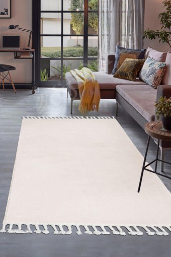 Dijidekor Lux Krem 7 mm Polyester Antibakteriyel Yıkanabilir Orta Kaymaz Dot Taban Dikdörtgen Makine Dokuma Salon Halısı 100x300 cm