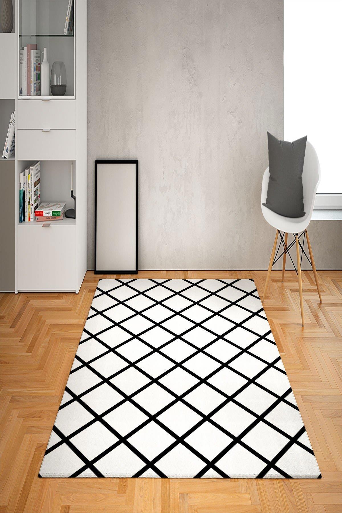 Doruklar Home Collection Beyaz - Siyah 0.7 mm Polyester Antibakteriyel Yıkanabilir Kalın Kaymaz Taban Geometrik Dikdörtgen Makine Dokuma Salon Halısı 80x150 cm