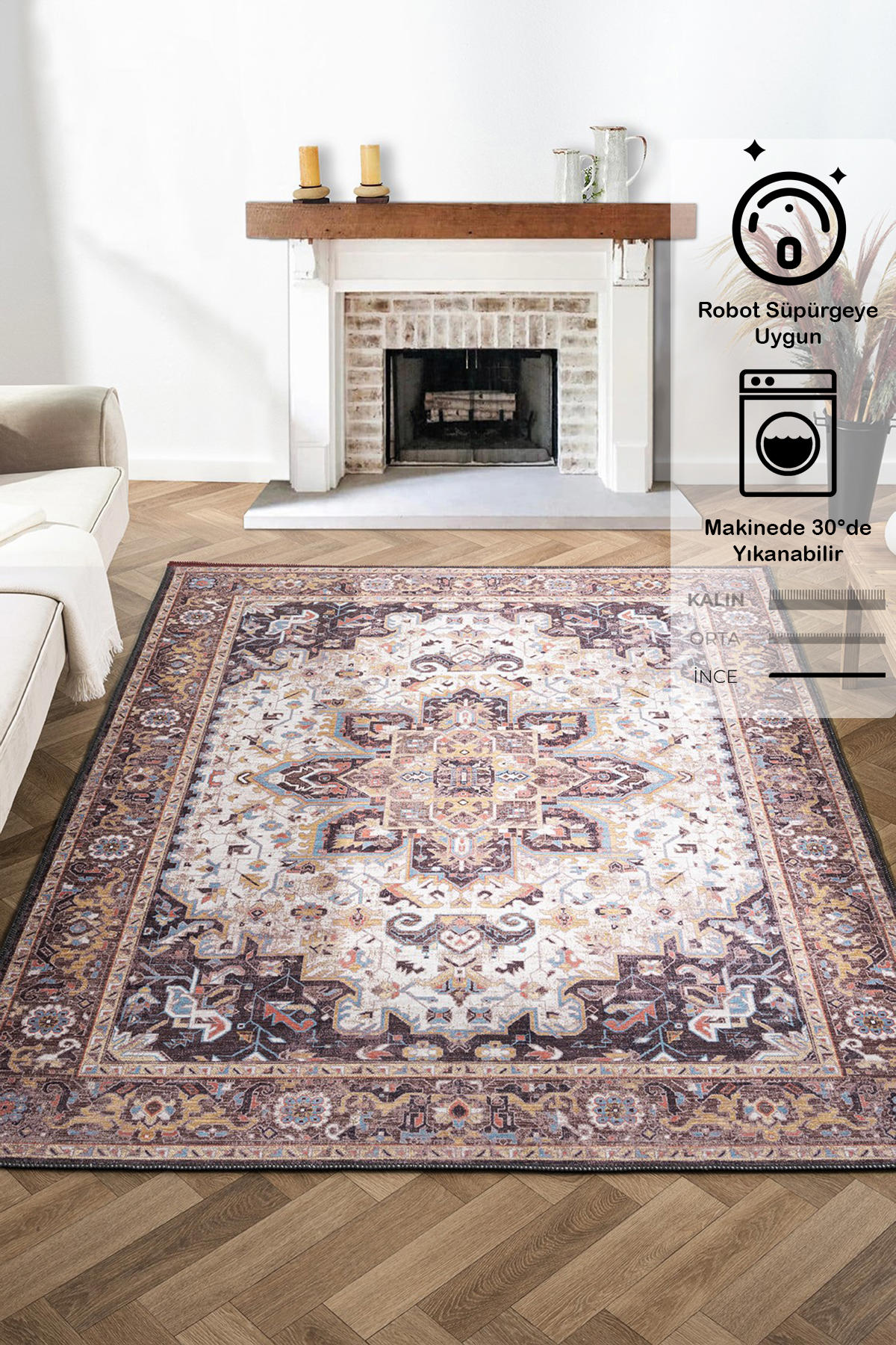 Konfor Halı Antico 2356 Çok Renkli 5 mm Polyester Yıkanabilir Dikdörtgen Makine Dokuma Halı 80x200 cm