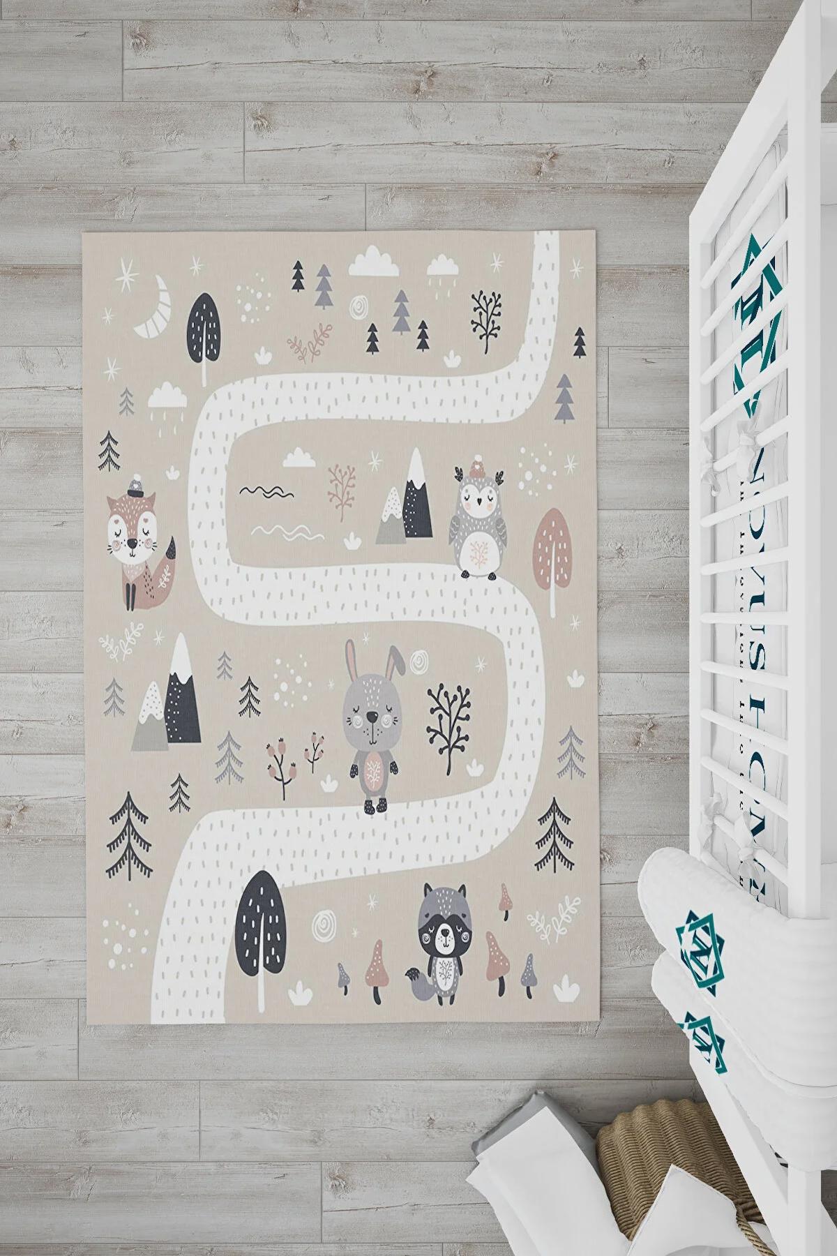 Novus Home Punto Serisi Bej-Vizon 7 mm Polyester Antibakteriyel-Toz Tutmaz-Yalıtıma Yardımcı Yıkanabilir İnce Kaymaz Taban Yuvarlak Makine Dokuma Çocuk Odası Halısı 100x150 cm