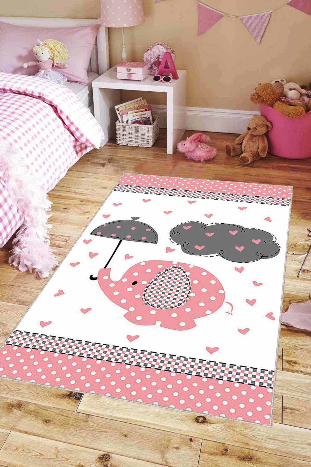 Viva Home KD19 Pembe 7 mm Mikropolyester Leke Tutmaz Yıkanabilir İnce Kaymaz Dot Taban Dikdörtgen Makine Dokuma Çocuk Odası Halısı 120x200 cm
