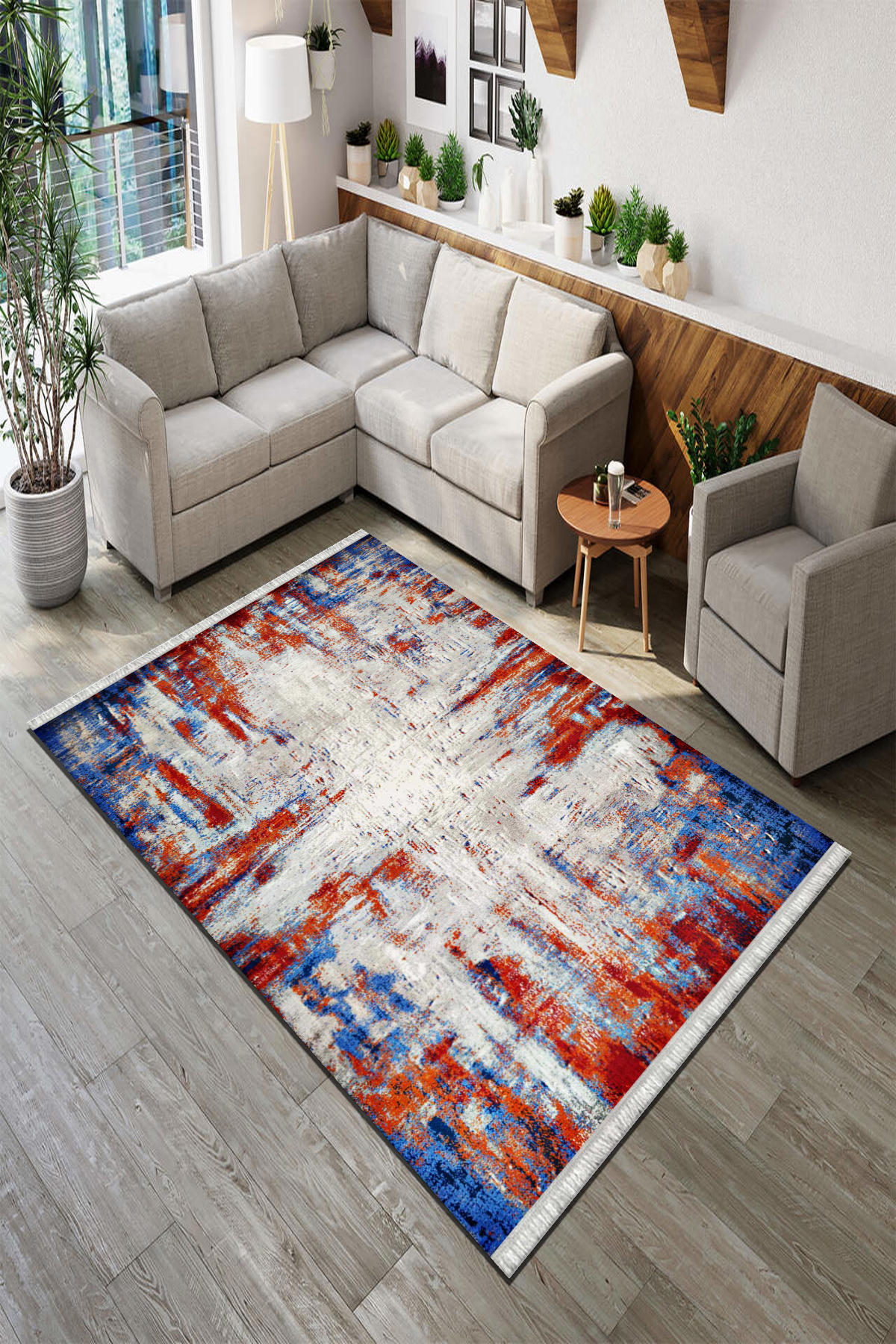 Roslyn Home Mavi 6 mm Polyester Antibakteriyel Yıkanabilir İnce Kaymaz Dot Taban Dikdörtgen Makine Dokuma Salon Halısı 160x230 cm