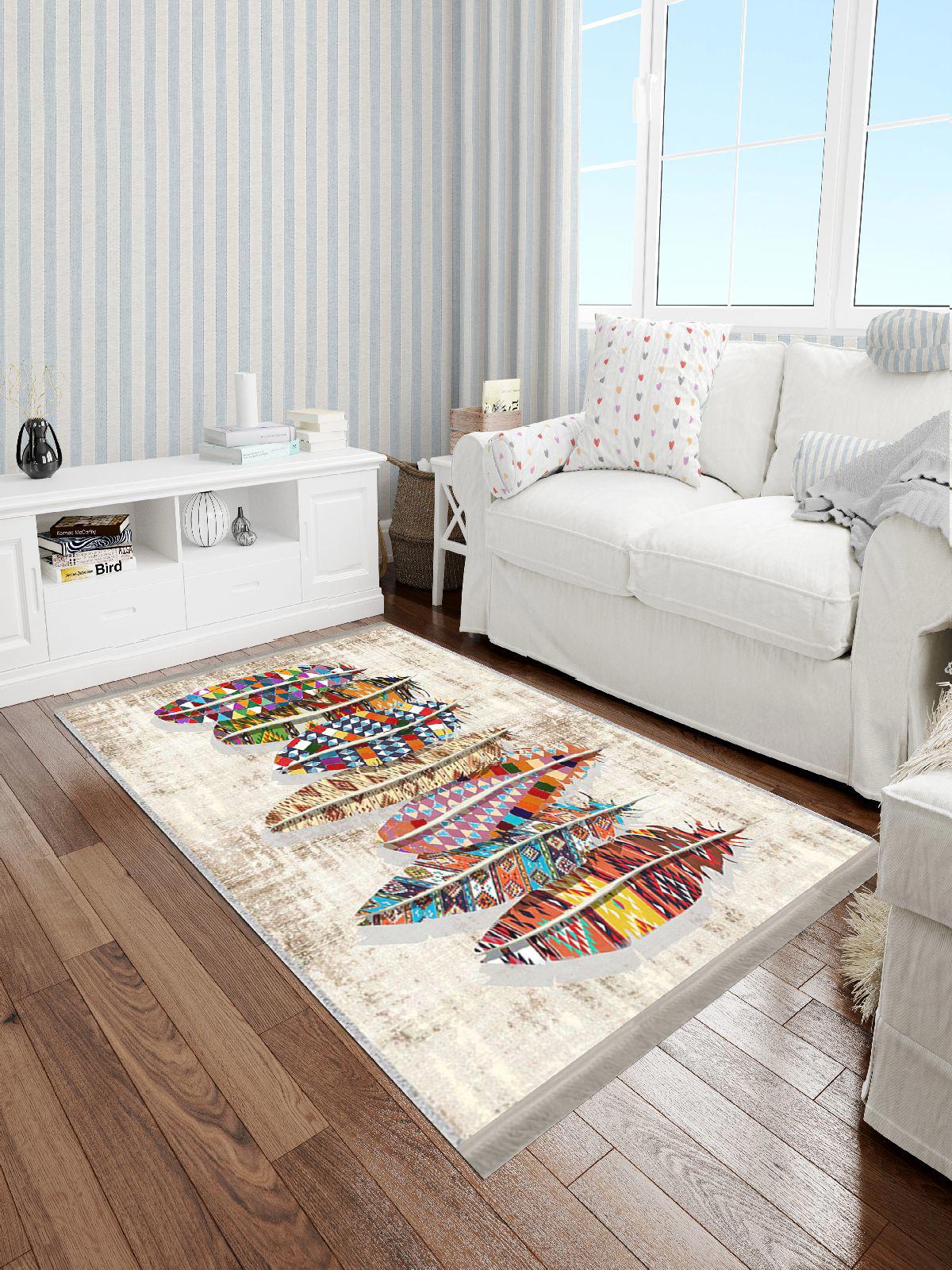 Enbe Collection E-FL2196A Krem 5 mm Pamuk Antibakteriyel Yıkanabilir Orta Kaymaz Dot Taban Dikdörtgen Makine Dokuma Oturma Odası Halısı 80x120 cm