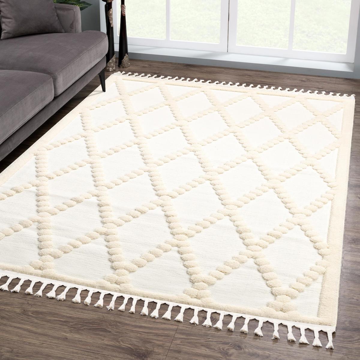 Giza Home Madu 1150 Krem 20 mm Polyester Antibakteriyel Yıkanabilir Kalın Kaymaz Geometrik Dikdörtgen Makine Dokuma Oturma Odası-Salon Halısı 160x230 cm