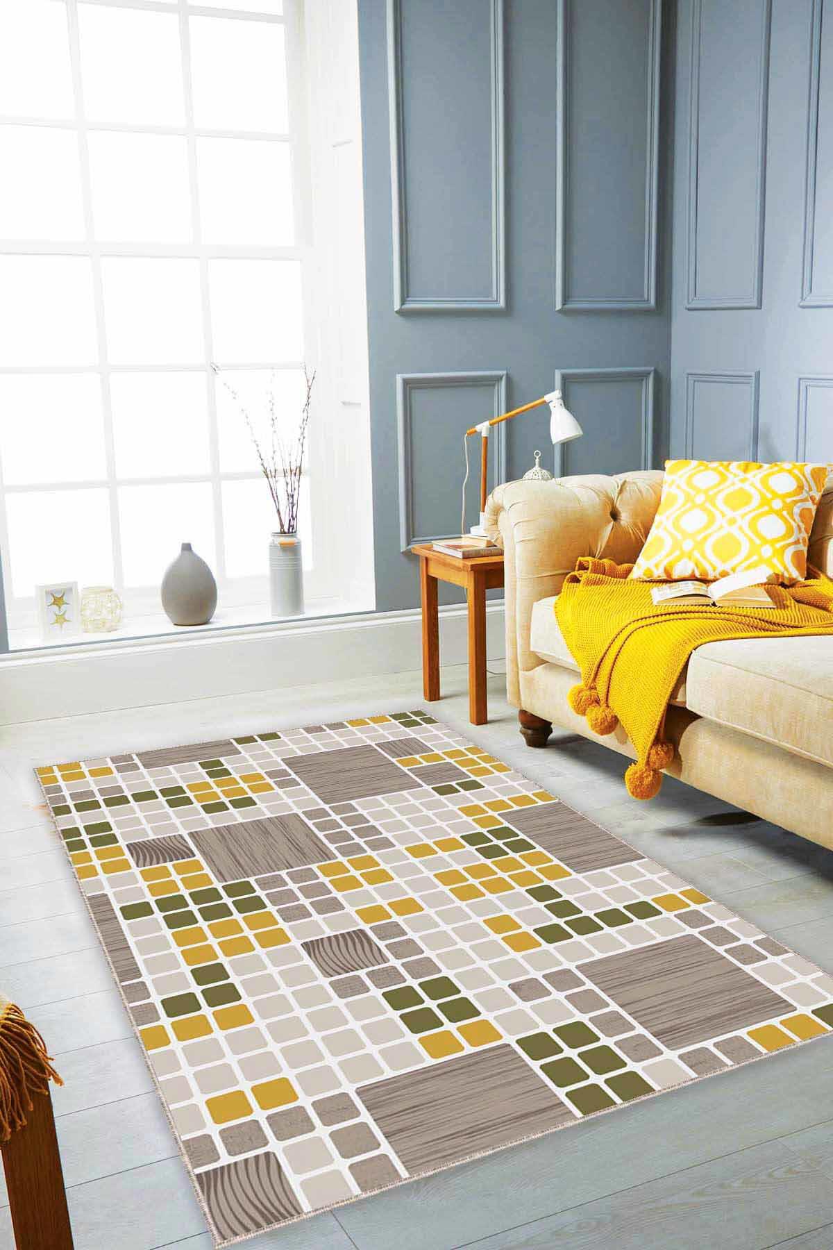 Viva Home PUZ05 Sarı-Yeşil 7 mm Mikropolyester Yalıtıma Yardımcı Yıkanabilir İnce Kaymaz Taban Dikdörtgen Makine Dokuma Antre-Salon-Yatak Odası Halısı 80x150 cm