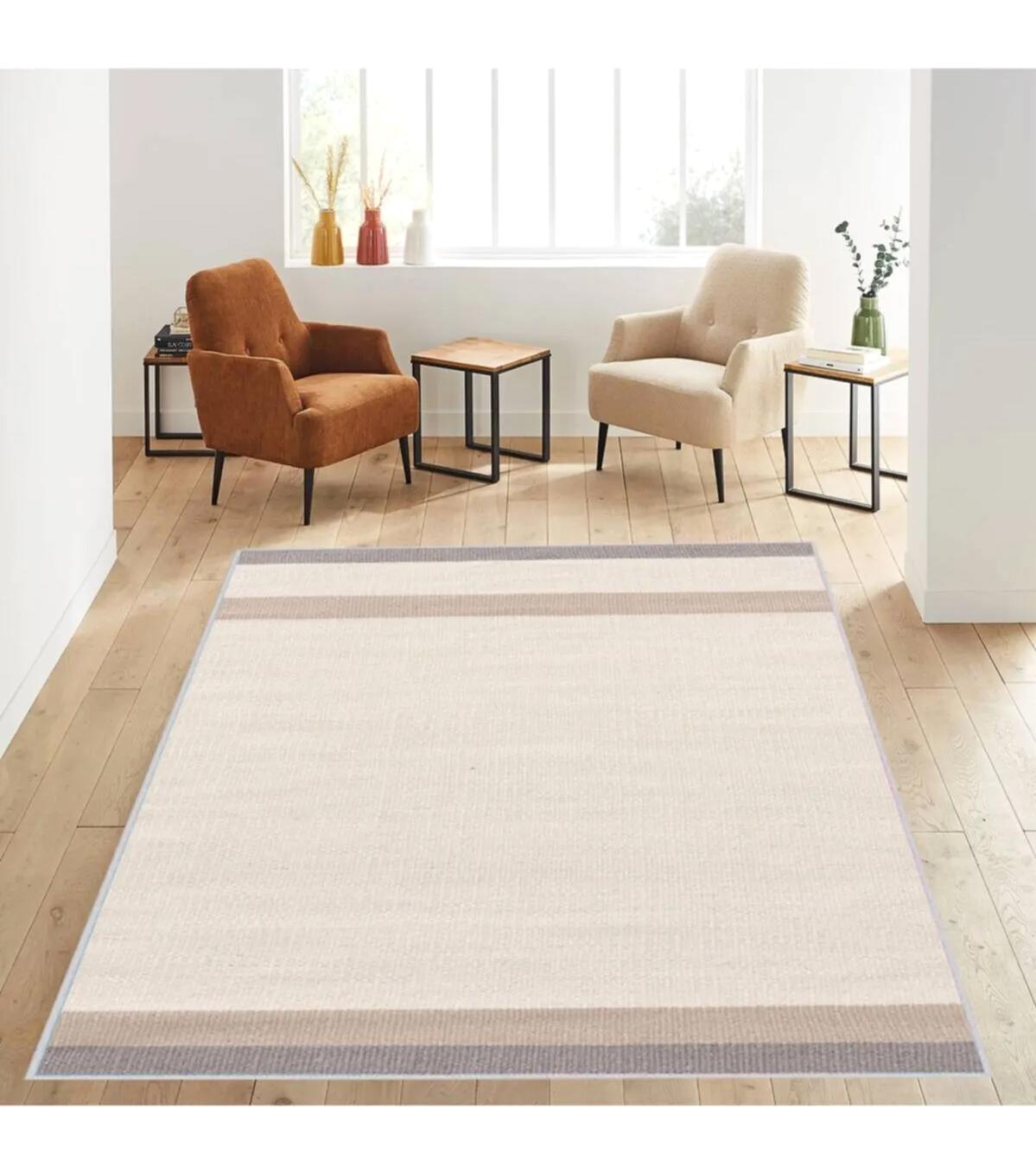 Rovigo Home RVG1140 Krem 8 mm Polyester Leke Tutmaz-Toz Tutmaz Yıkanabilir İnce Kaymaz Dot Taban Dikdörtgen Makine Dokuma Salon Halısı 120x180 cm