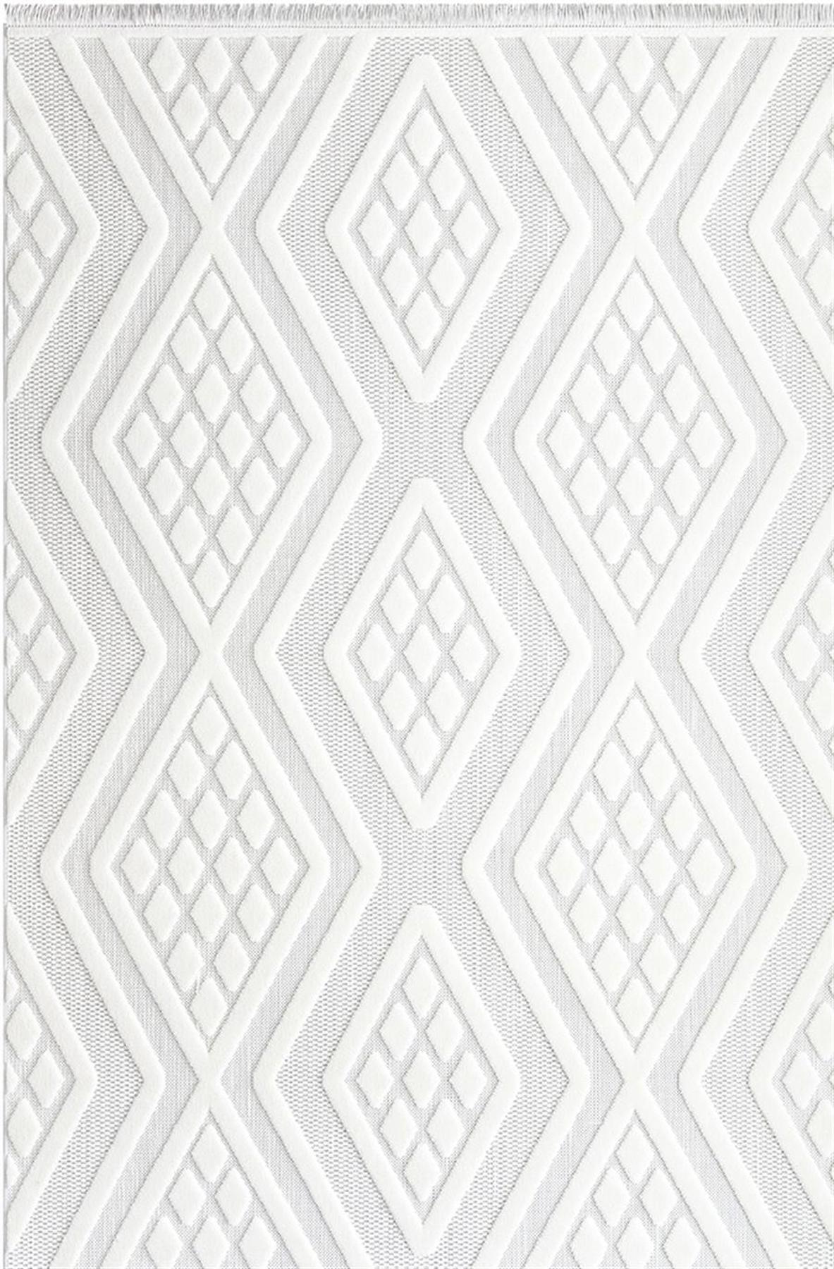 İpek Mekik Halı Almond 11407 Beyaz 8 mm Polyester Toz Tutmaz Yıkanabilir Orta Kaymaz Pamuk Taban Geometrik Dikdörtgen Makine Dokuma Antre-Çocuk Odası-Salon-Yatak Odası Halısı 100x300 cm