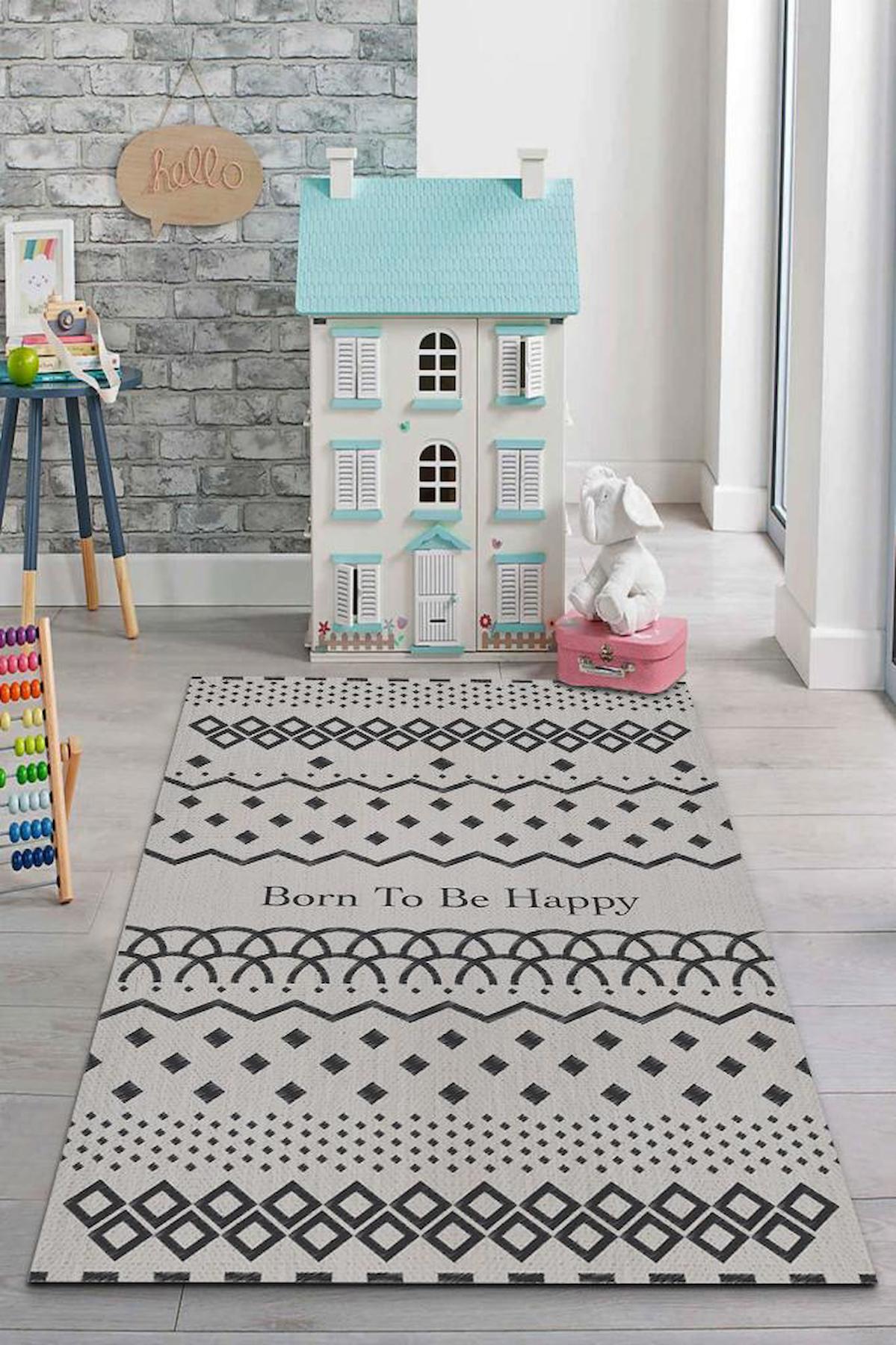 Homshtag Mutlu Olmak İçin Doğdu Çok Renkli 4 mm Pamuk Antistatik Yıkanabilir İnce Kaymaz Dikdörtgen Makine Dokuma Çocuk Odası Halısı 80x150 cm