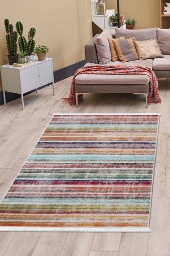 Dijidekor Multi Krem 6 mm Polyester Yıkanabilir Orta Kaymaz Dot Taban Dikdörtgen Makine Dokuma Salon Halısı 80x150 cm