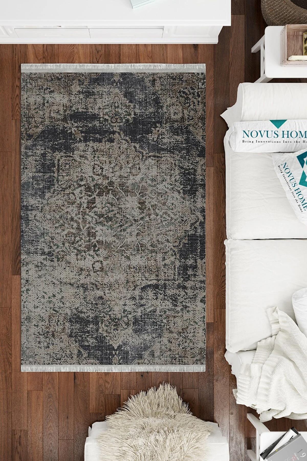 Novus Home Cotton Serisi Bej-Gri 5 mm Pamuk Antibakteriyel-Toz Tutmaz-Yalıtıma Yardımcı Yıkanabilir İnce Kaymaz Taban Dikdörtgen Makine Dokuma Antre-Salon-Yatak Odası Halısı 80x500 cm