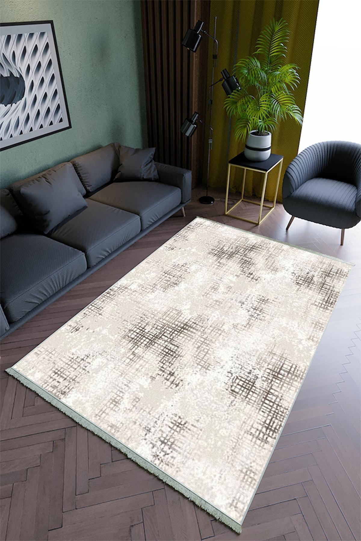 10 Post Online Ekru 4 mm Polyester Yıkanabilir İnce Kaymaz Dot Taban Dikdörtgen Makine Dokuma Salon Halısı 150x233 cm