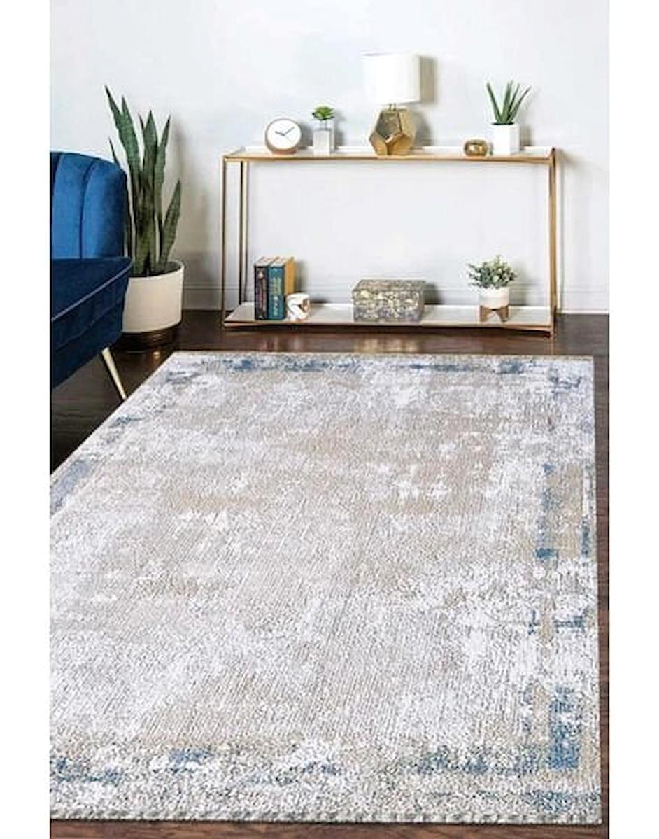 Atlas Halı Vage VQ03B Beyaz-Mavi 0.6 mm Akrilik Yıkanabilir İnce Kaymaz Jüt Taban Dikdörtgen Makine Dokuma Salon Halısı 160x230 cm