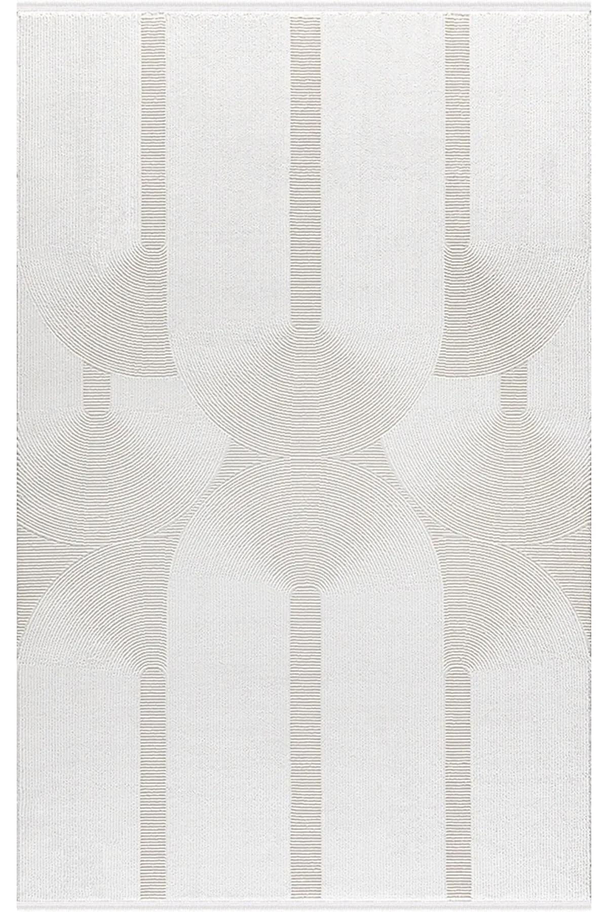 Merinos  Recycle 37804 Krem 8.5 mm Polipropilen Antibakteriyel Yıkanabilir Kalın Kaymaz Jel Taban Dikdörtgen Makine Dokuma Salon Halısı 80x150 cm