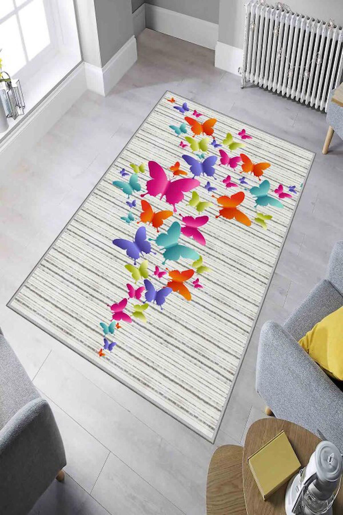 Homefesto Krem 5 mm Polyester Leke Tutmaz Yıkanabilir İnce Kaymaz Taban Hayvan Desenli Dikdörtgen Makine Dokuma Salon Halısı 200x290 cm